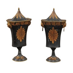 Pair of French Napoleon III Period 1850s Painted Tôle Urns with Gilded Accents