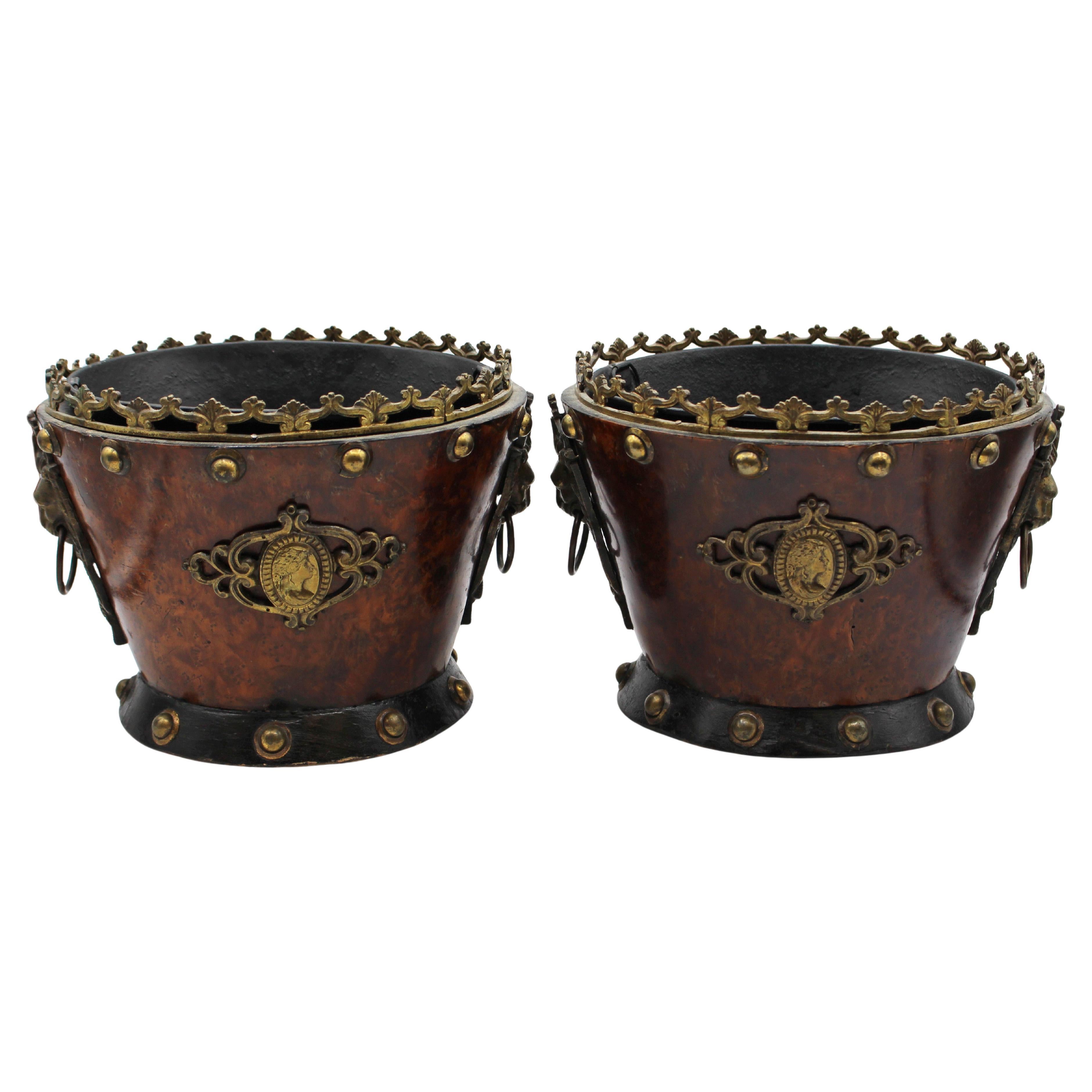 Pair of French Napoleon III Period Walnut, Bronze, 
Brass Jardinieres For Sale