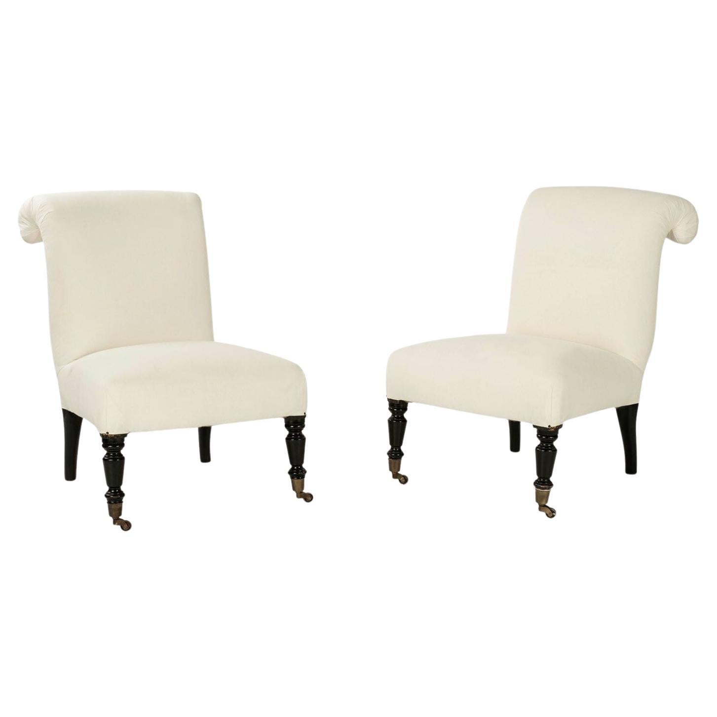 Pair of French Napoleon III Slipper Chairs Upholstered in White Linen