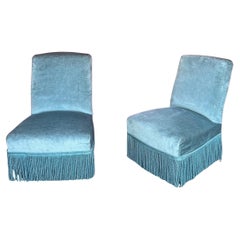 Pair of French Napoleon III Slipper Chairs in Light Blue Velvet