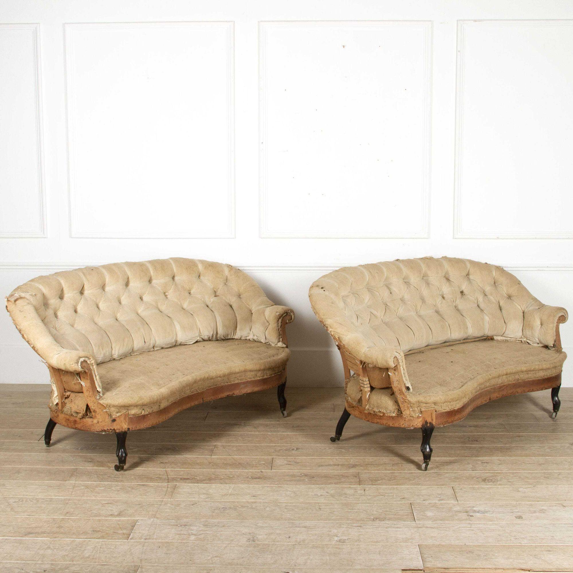 Wunderschönes Paar französischer Sofas im Stil von Napoleon III, um 1880.
Diese klassischen Sofas zeichnen sich durch einen elegant geformten Rahmen aus, zu dem auch die Original-Knopfrücken gehören. 
Sie sind beide von großer Form und Größe, was