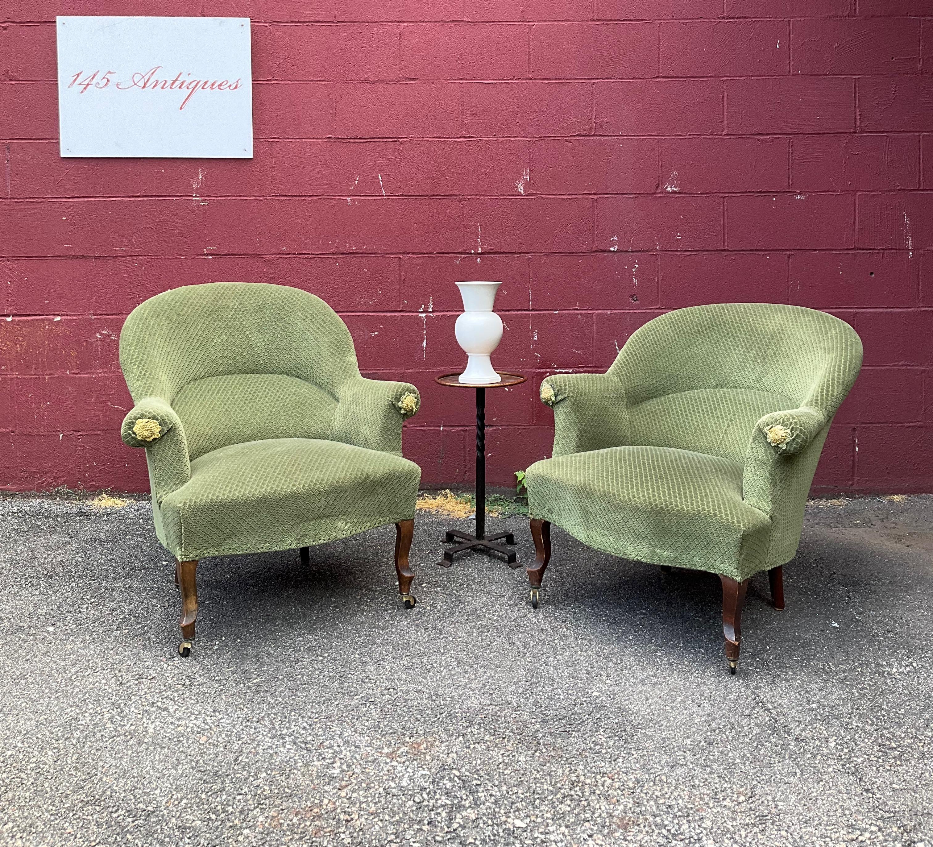 Pair of French Napoleon III Style Armchairs in Faded Green Velvet 7