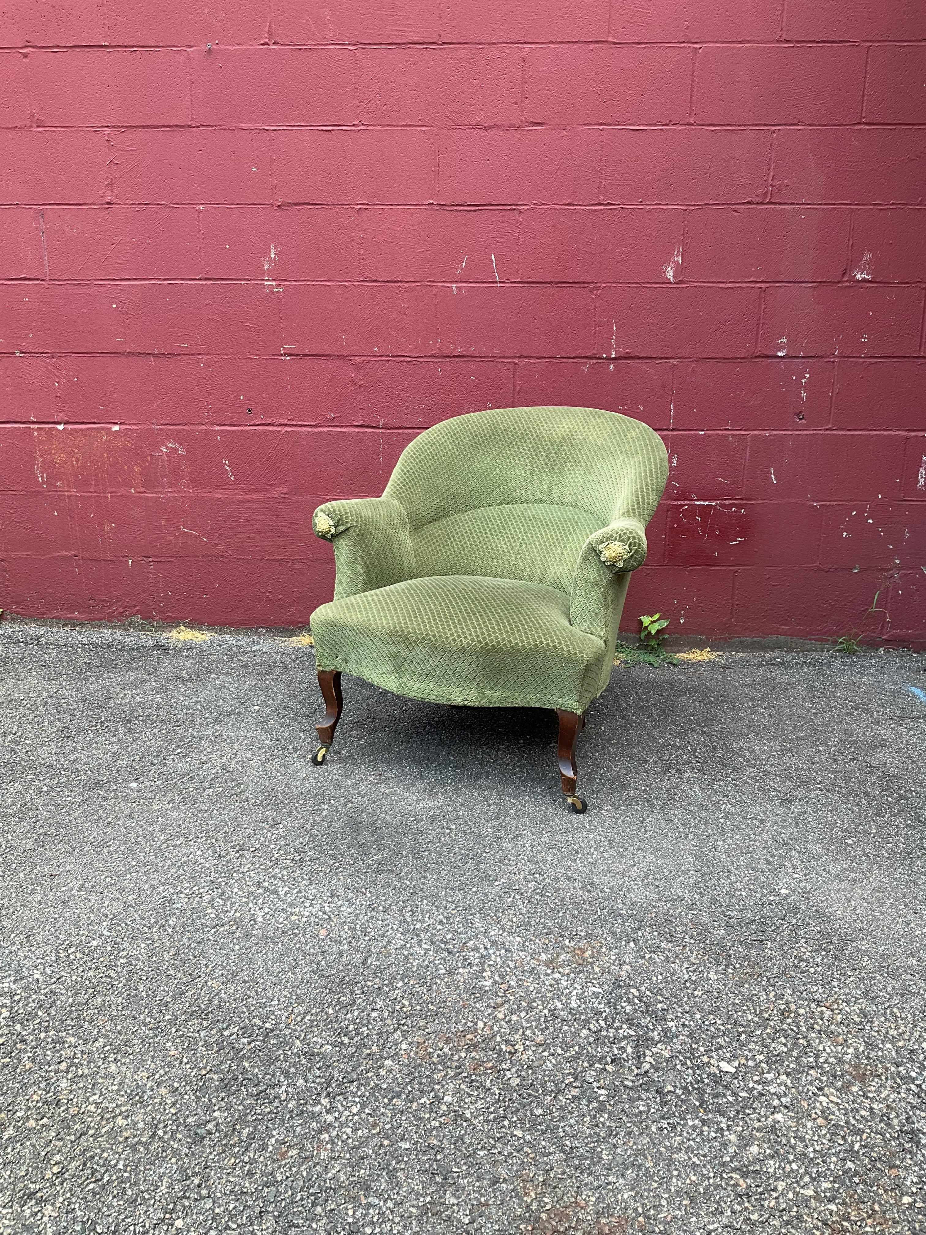 Fabric Pair of French Napoleon III Style Armchairs in Faded Green Velvet