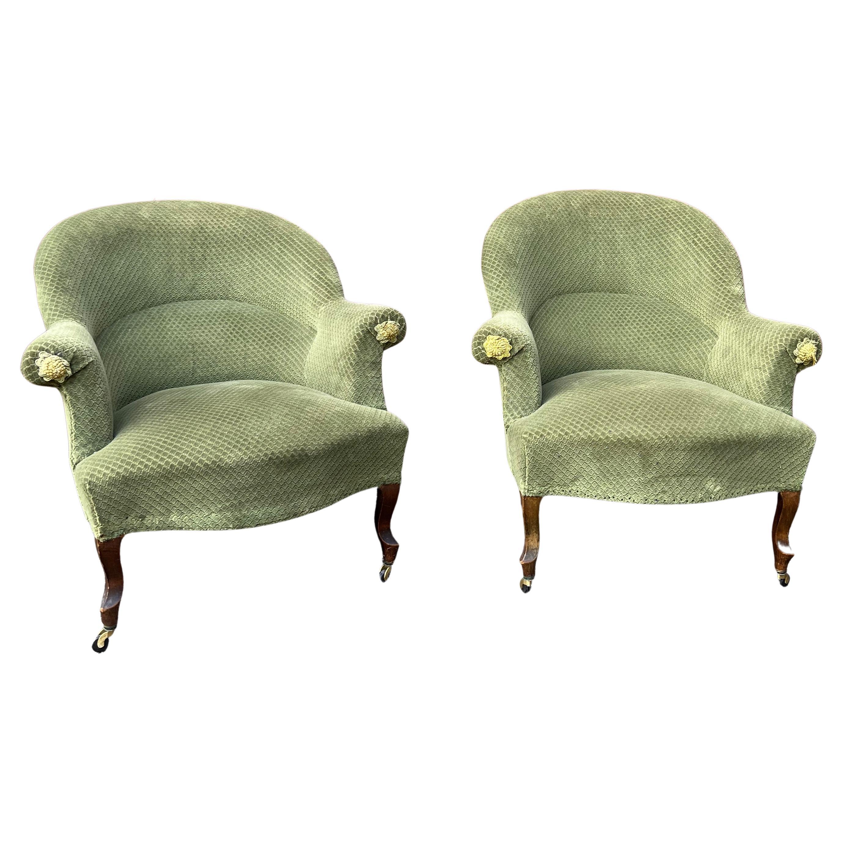 Pair of French Napoleon III Style Armchairs in Faded Green Velvet