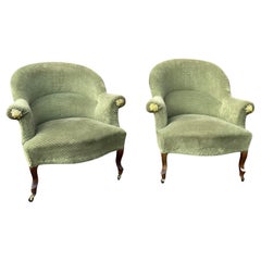 Antique Pair of French Napoleon III Style Armchairs in Faded Green Velvet