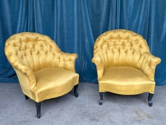 Pair of French Napoleon III Tufted Arm Chairs in Gold Fabric