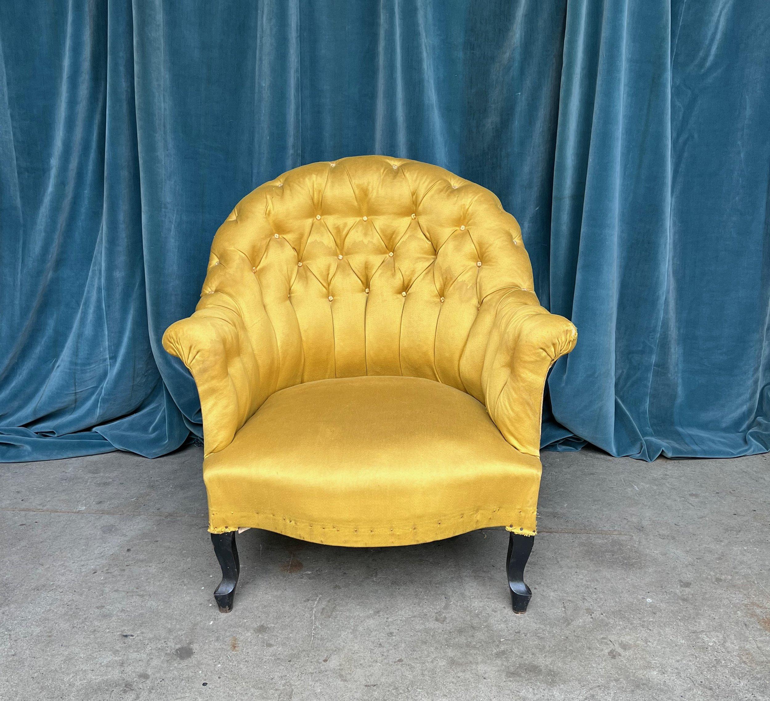 Upholstery Pair of French Napoleon III Tufted Arm Chairs in Gold Fabric For Sale