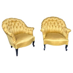 Antique Pair of French Napoleon III Tufted Arm Chairs in Gold Fabric