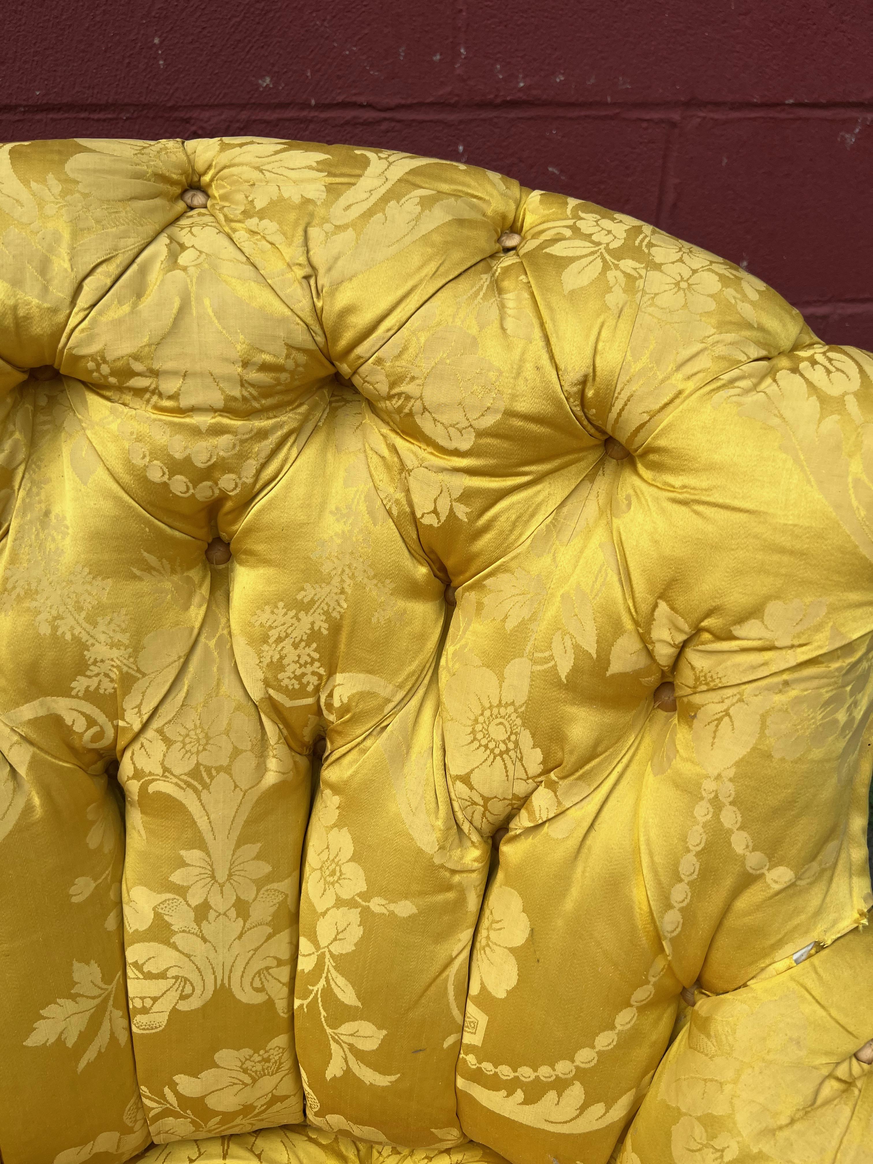 Pair of French Napoleon III Tufted Arm Chairs in Yellow Silk Fabric 9