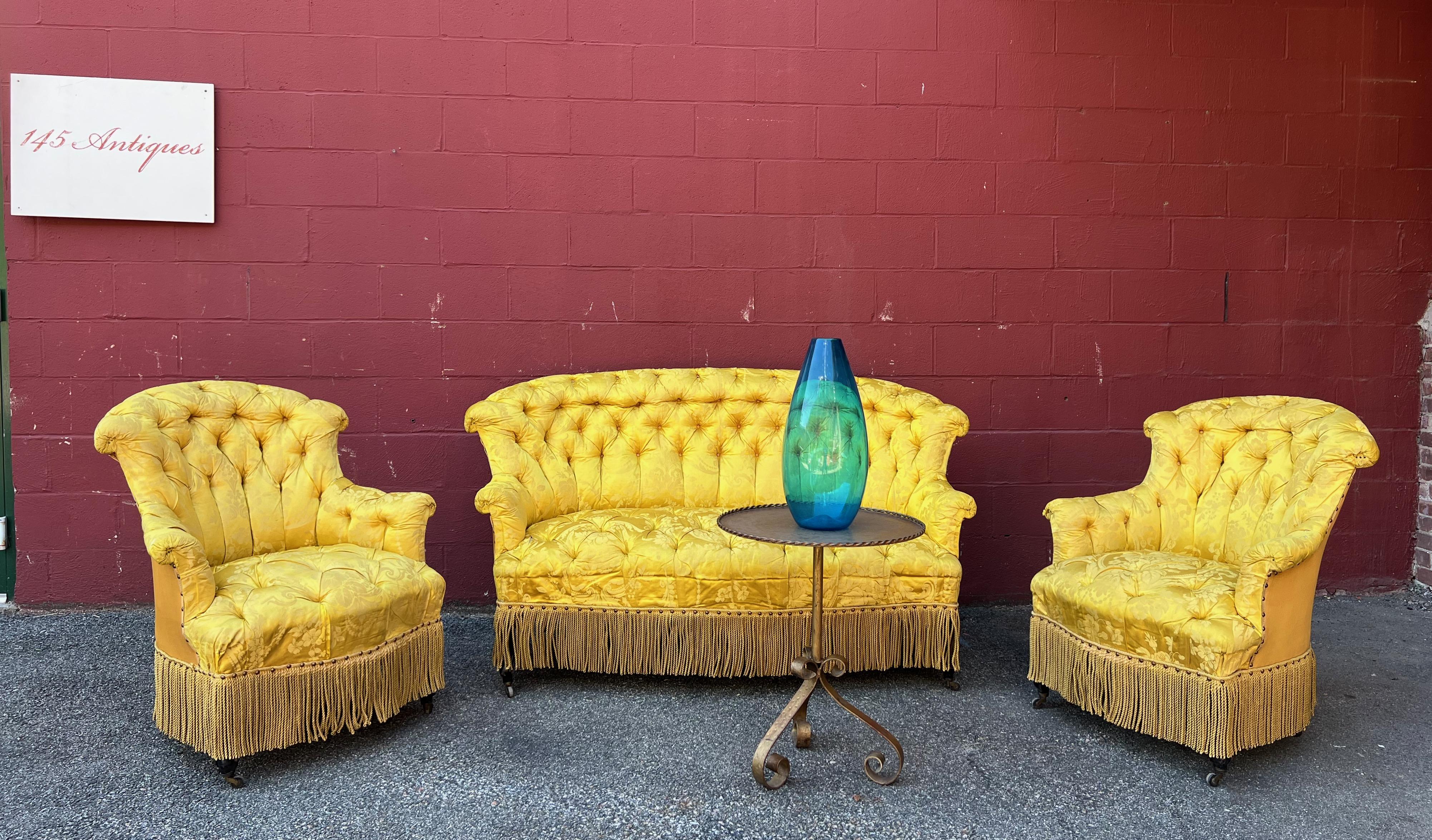 Pair of French Napoleon III Tufted Arm Chairs in Yellow Silk Fabric 14