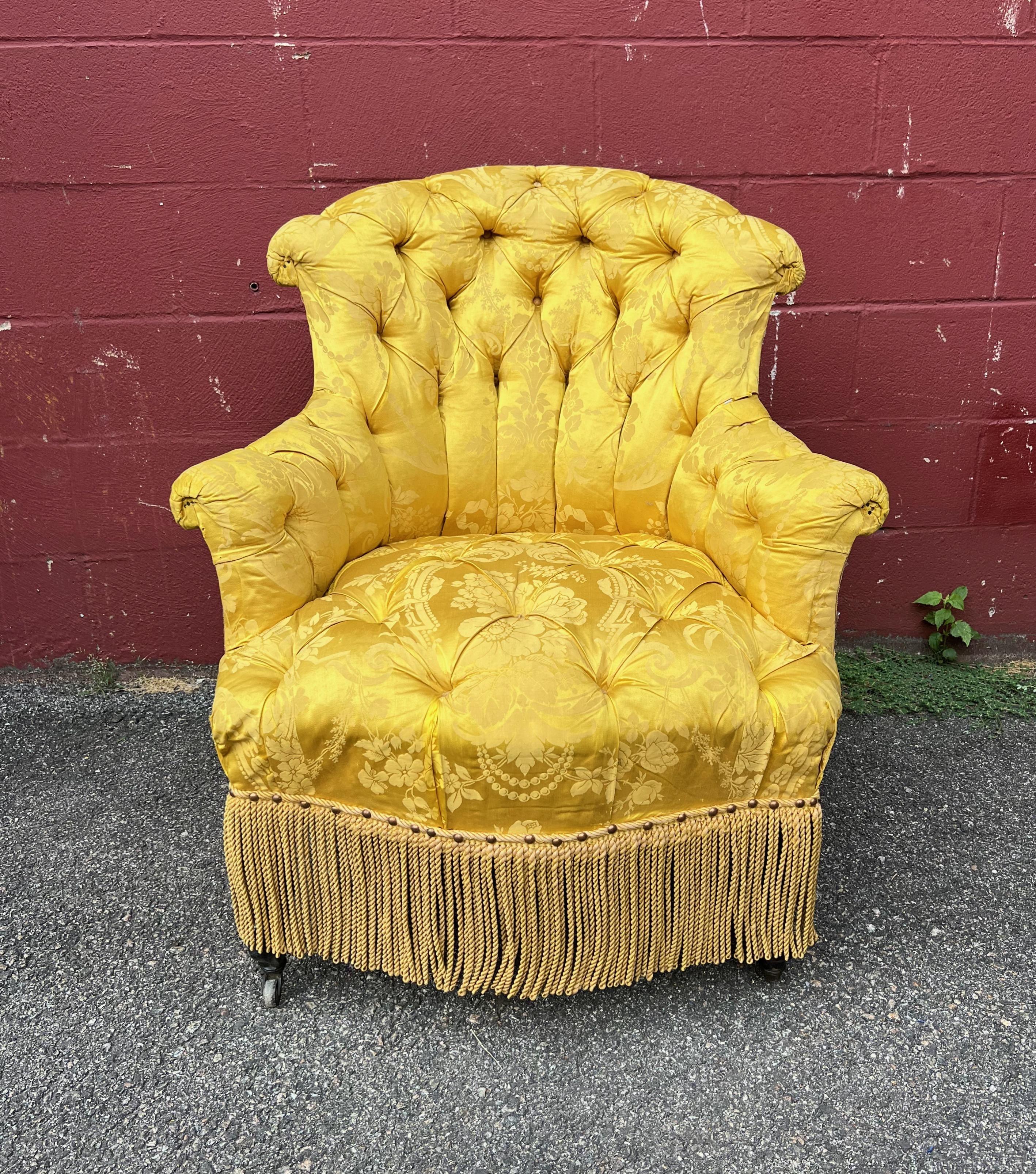 Pair of French Napoleon III Tufted Arm Chairs in Yellow Silk Fabric 1