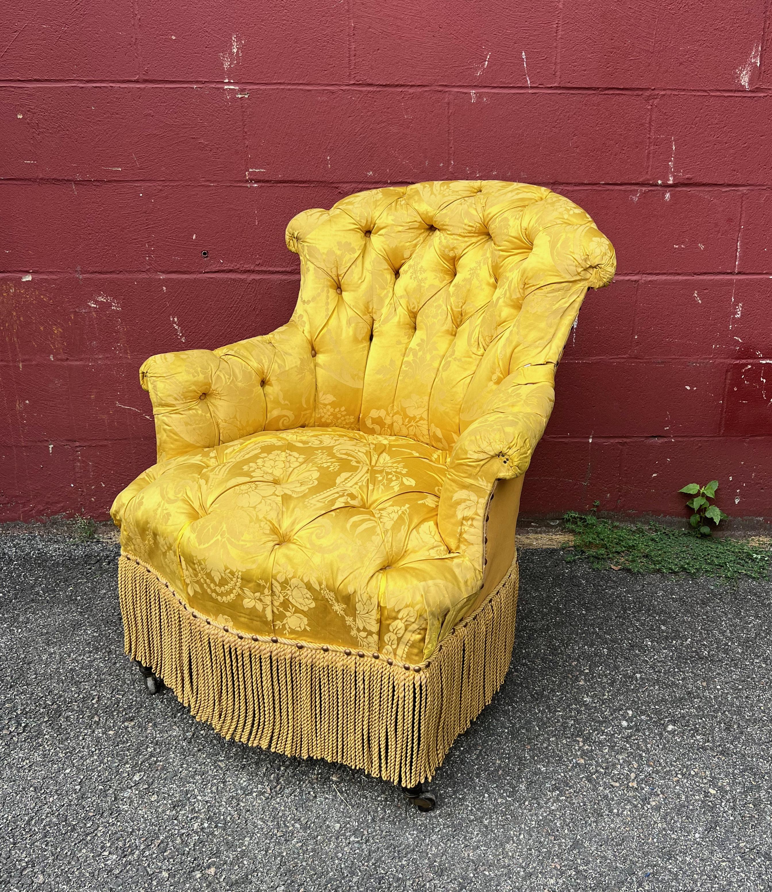 Pair of French Napoleon III Tufted Arm Chairs in Yellow Silk Fabric 2