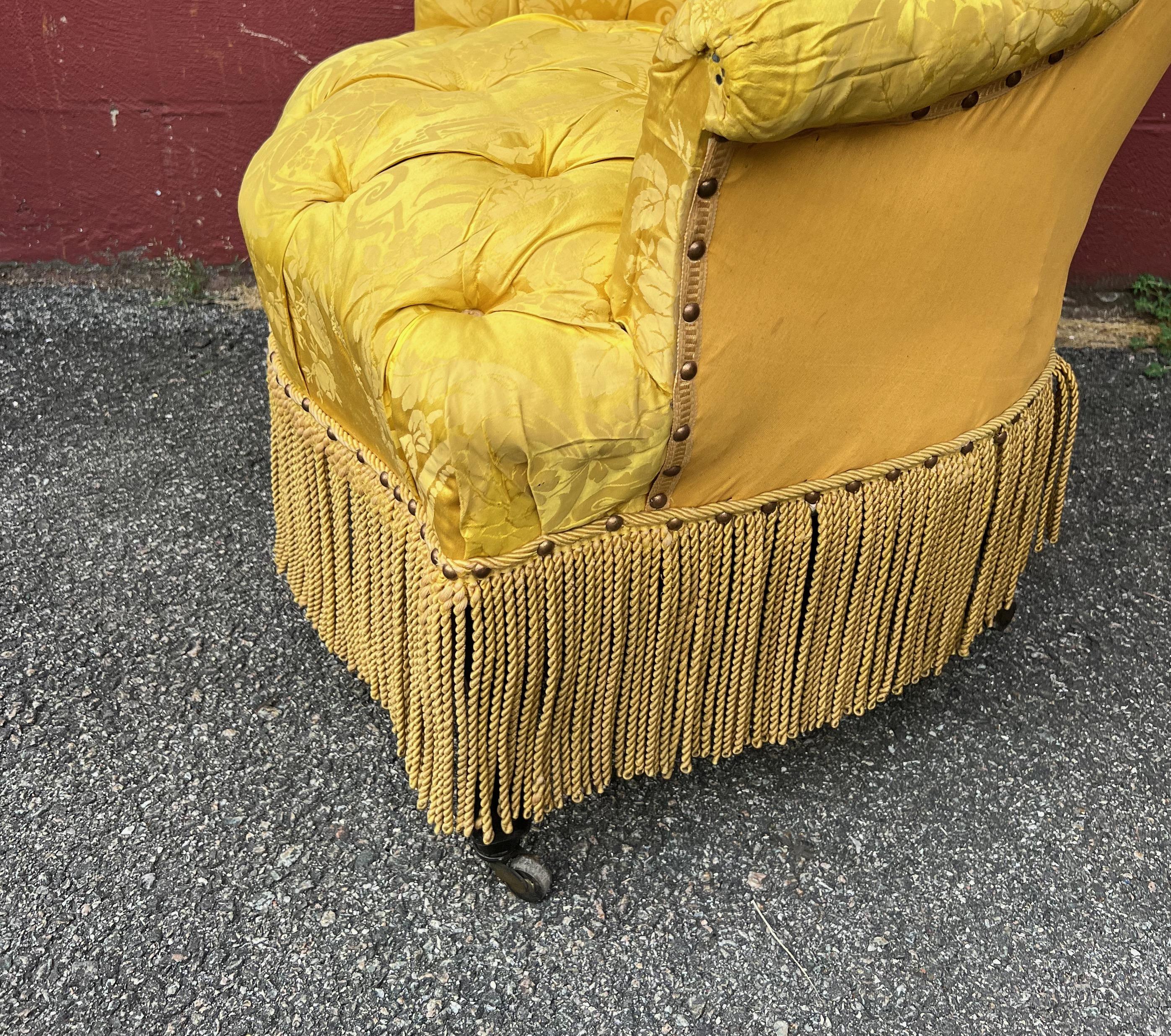 Pair of French Napoleon III Tufted Arm Chairs in Yellow Silk Fabric 4