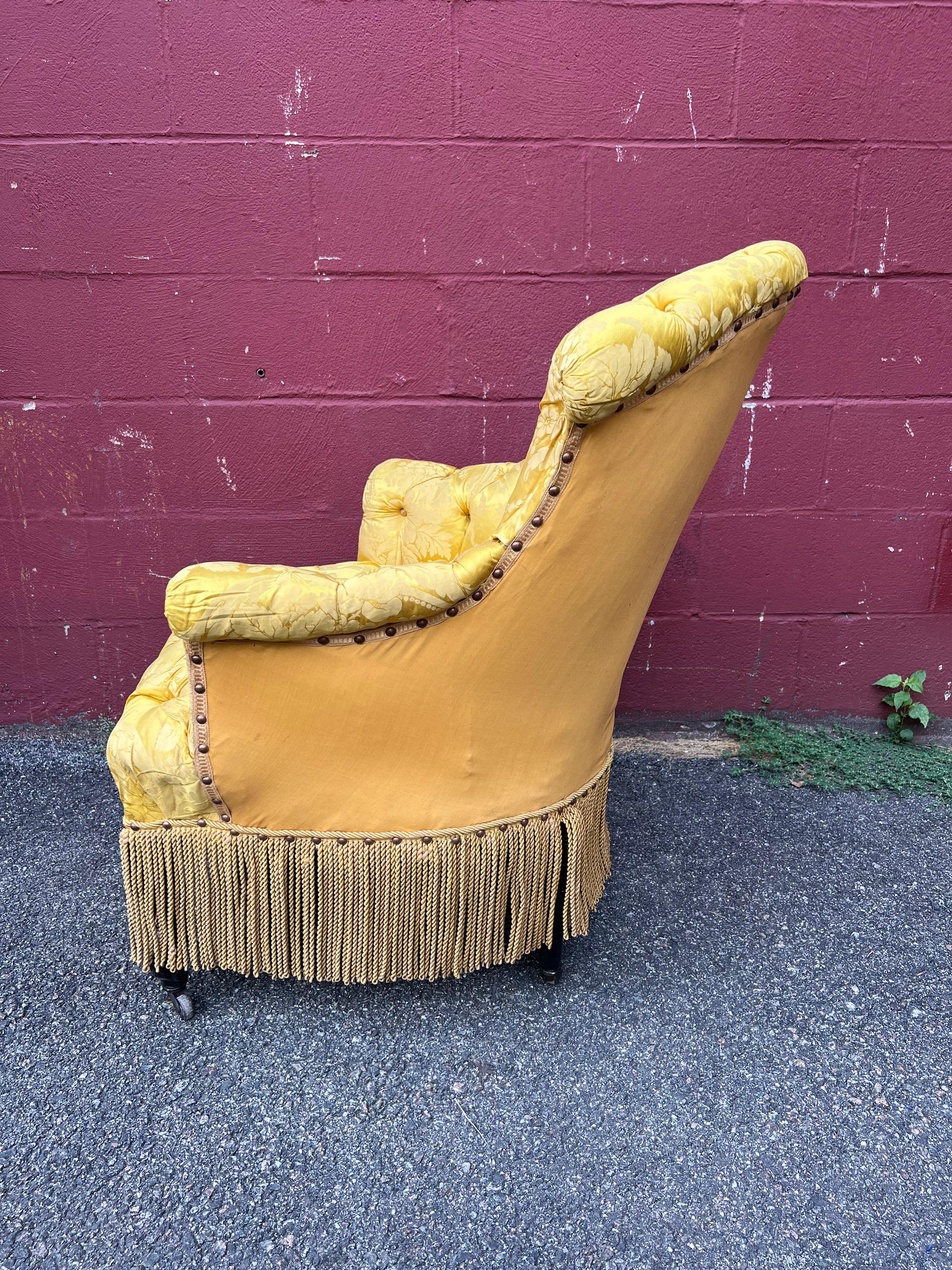 Pair of French Napoleon III Tufted Arm Chairs in Yellow Silk Fabric 5