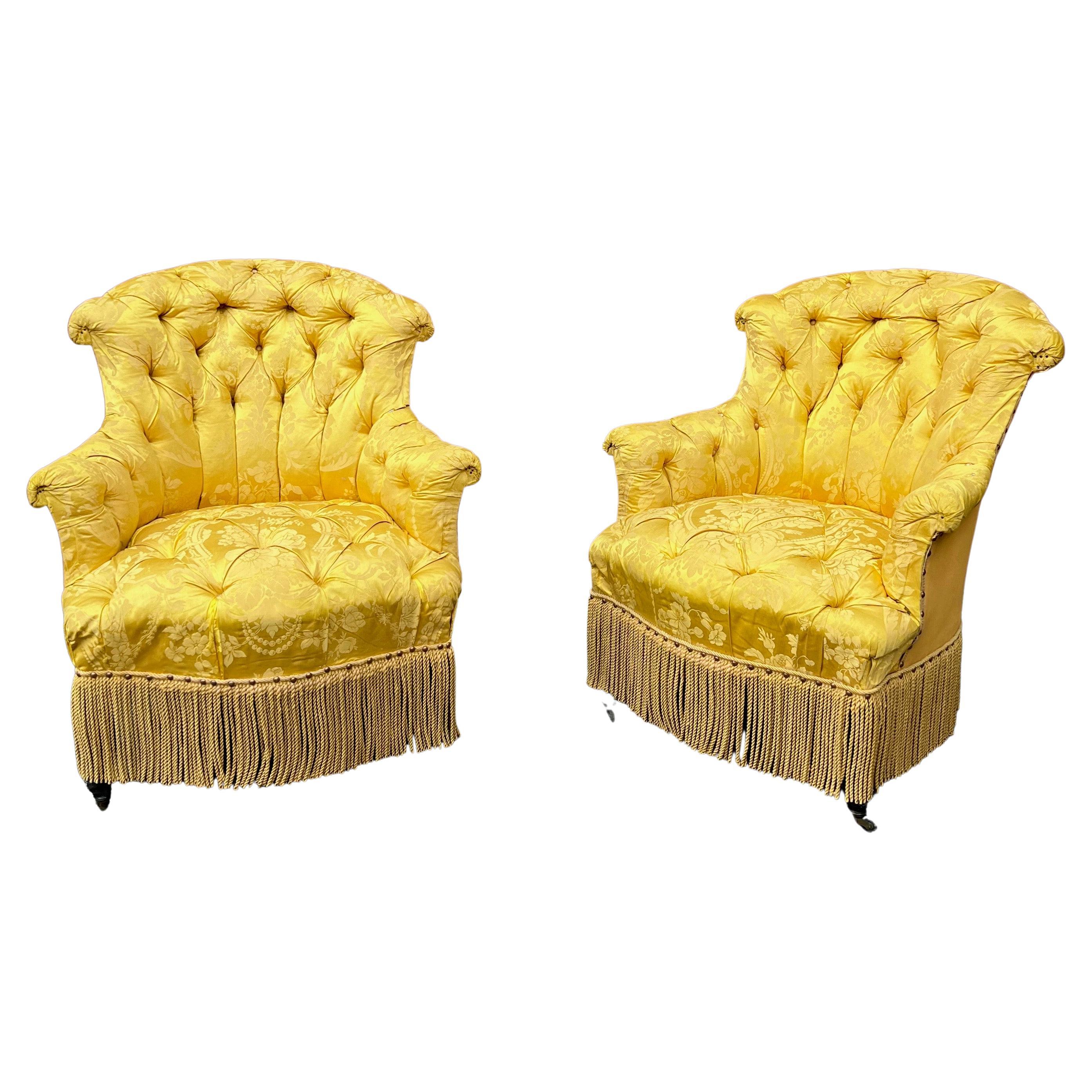 Pair of French Napoleon III Tufted Arm Chairs in Yellow Silk Fabric