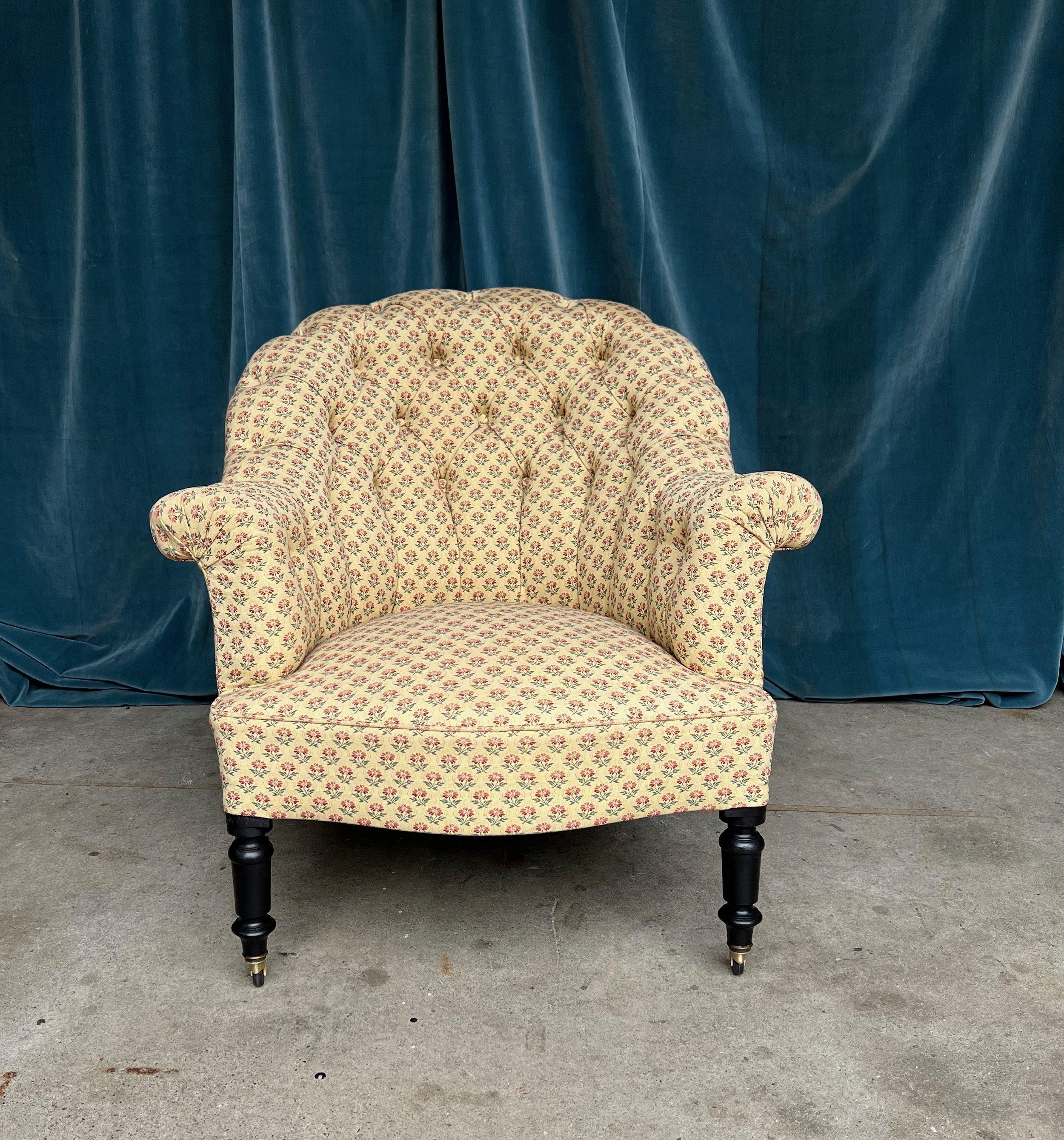 Upholstery Pair of French Napoleon III Tufted Armchairs For Sale