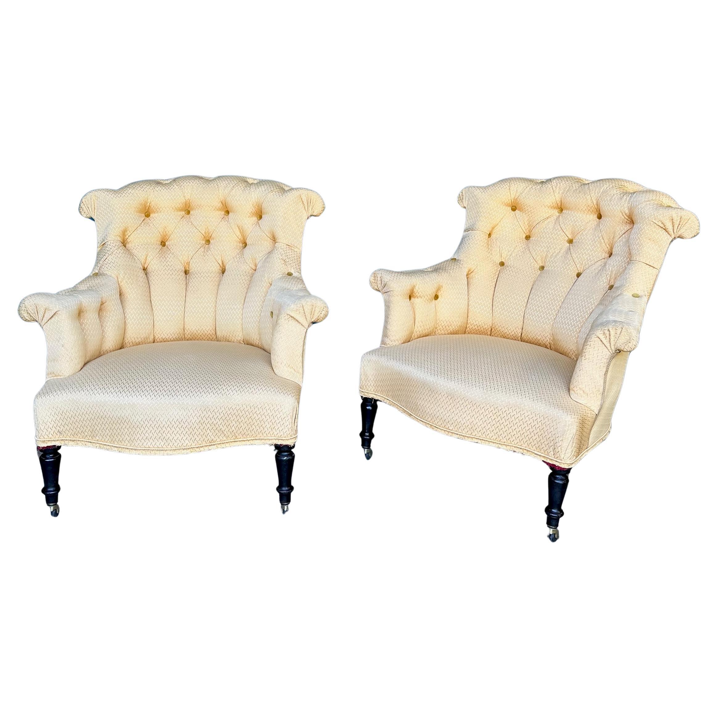 Pair of French Napoleon III Tufted Armchairs For Sale