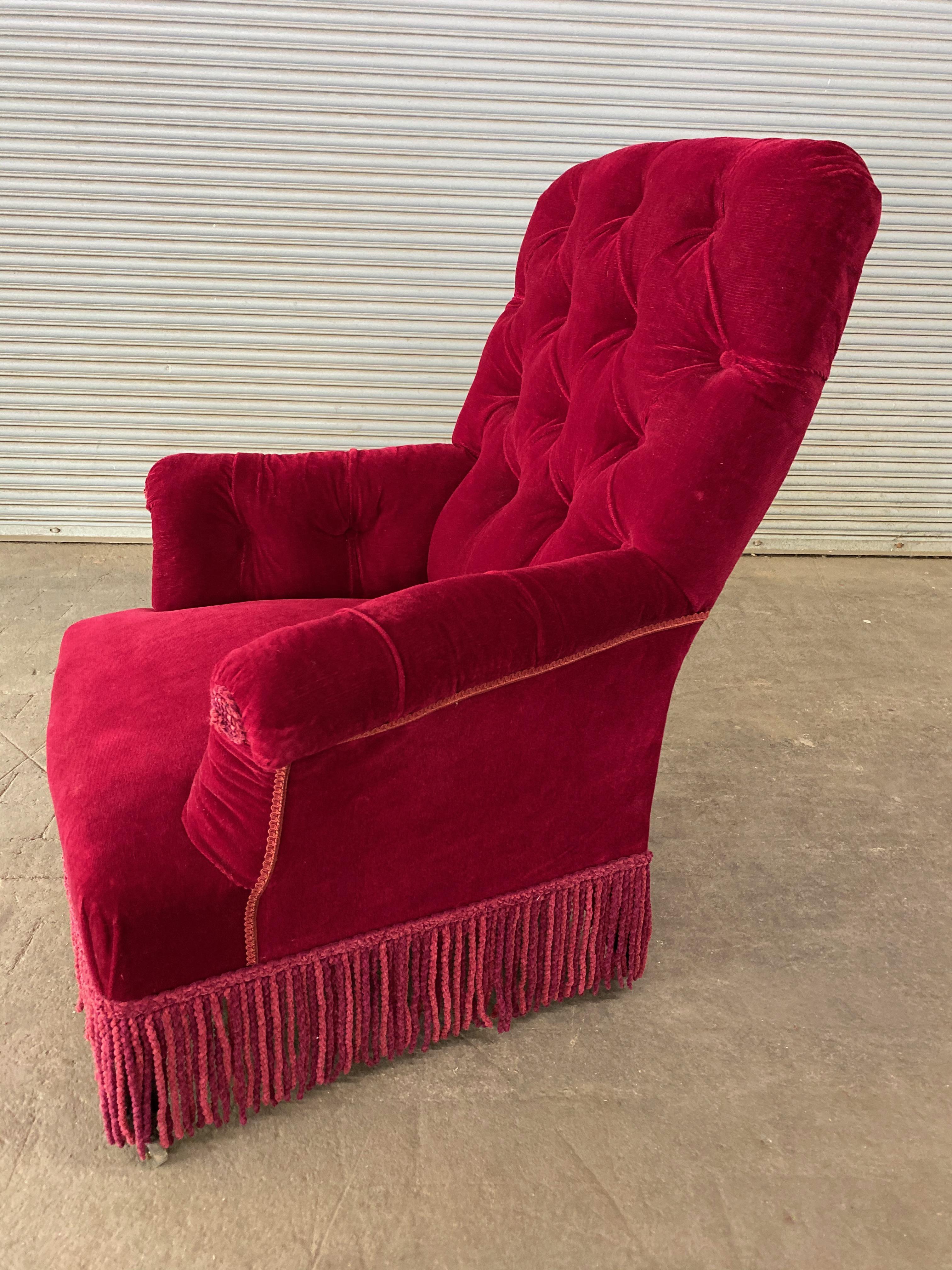 Pair of French Napoleon III Tufted Armchairs in Red Velvet 4