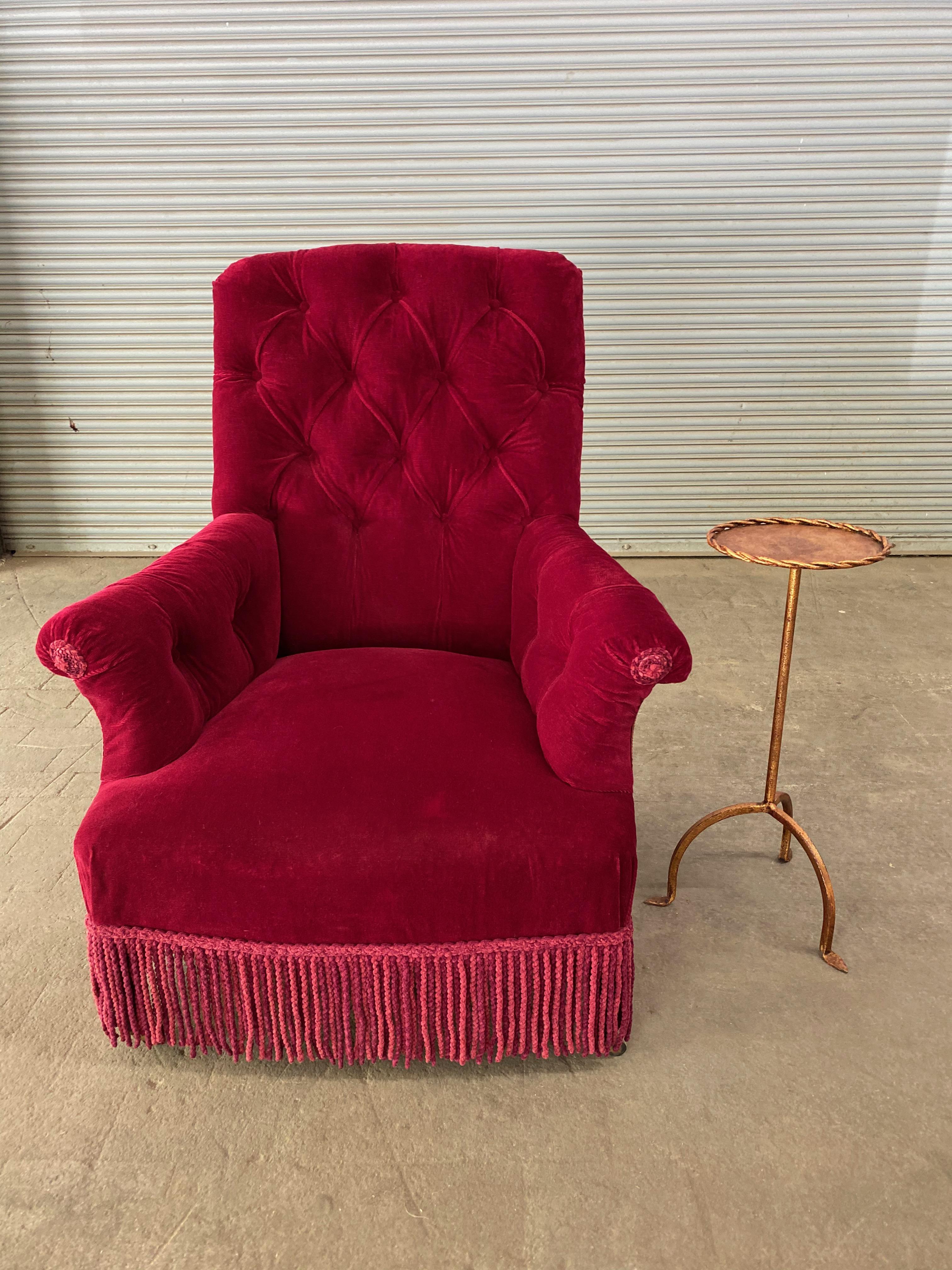 Pair of French Napoleon III Tufted Armchairs in Red Velvet 7
