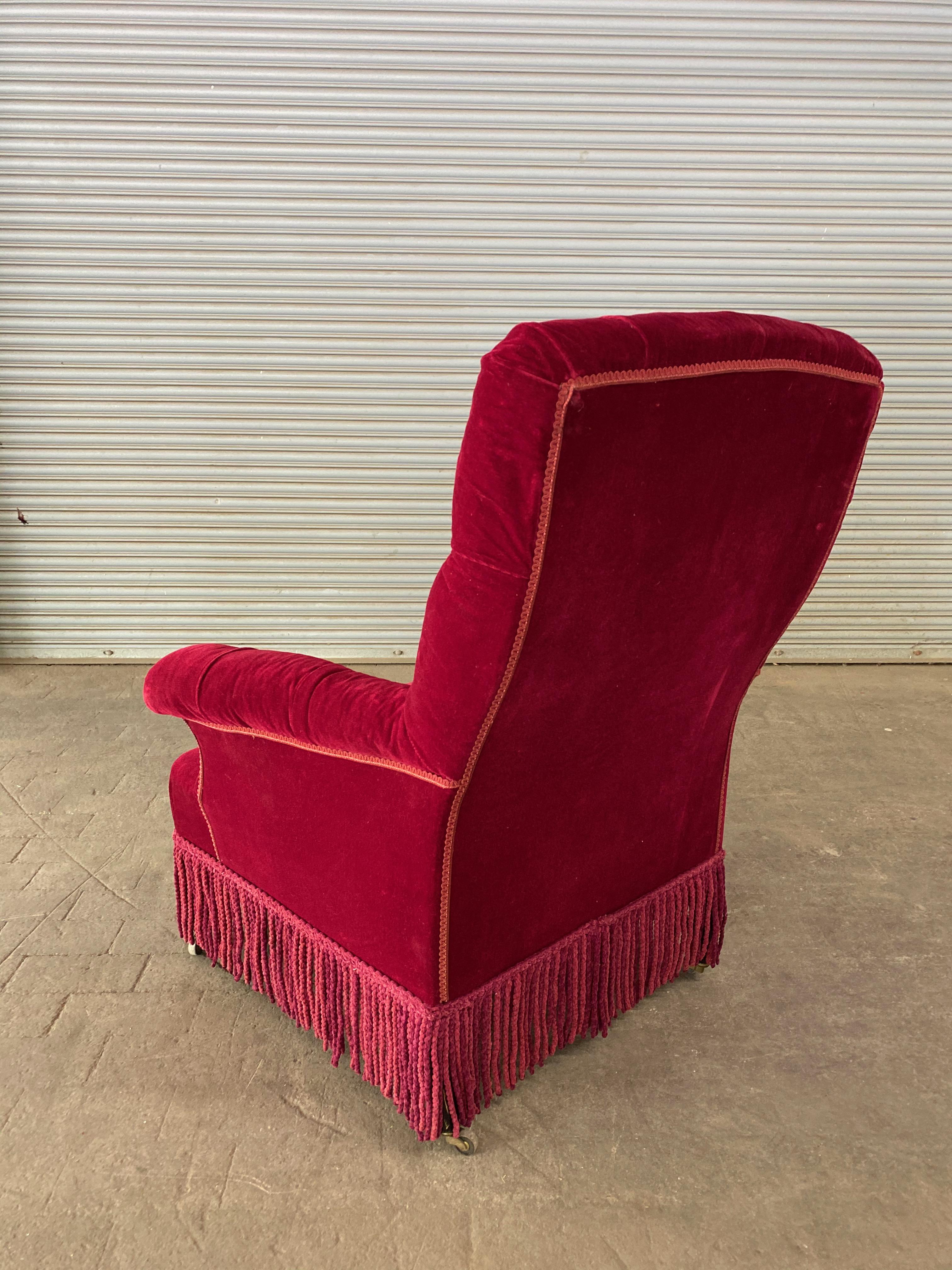 Pair of French Napoleon III Tufted Armchairs in Red Velvet 8