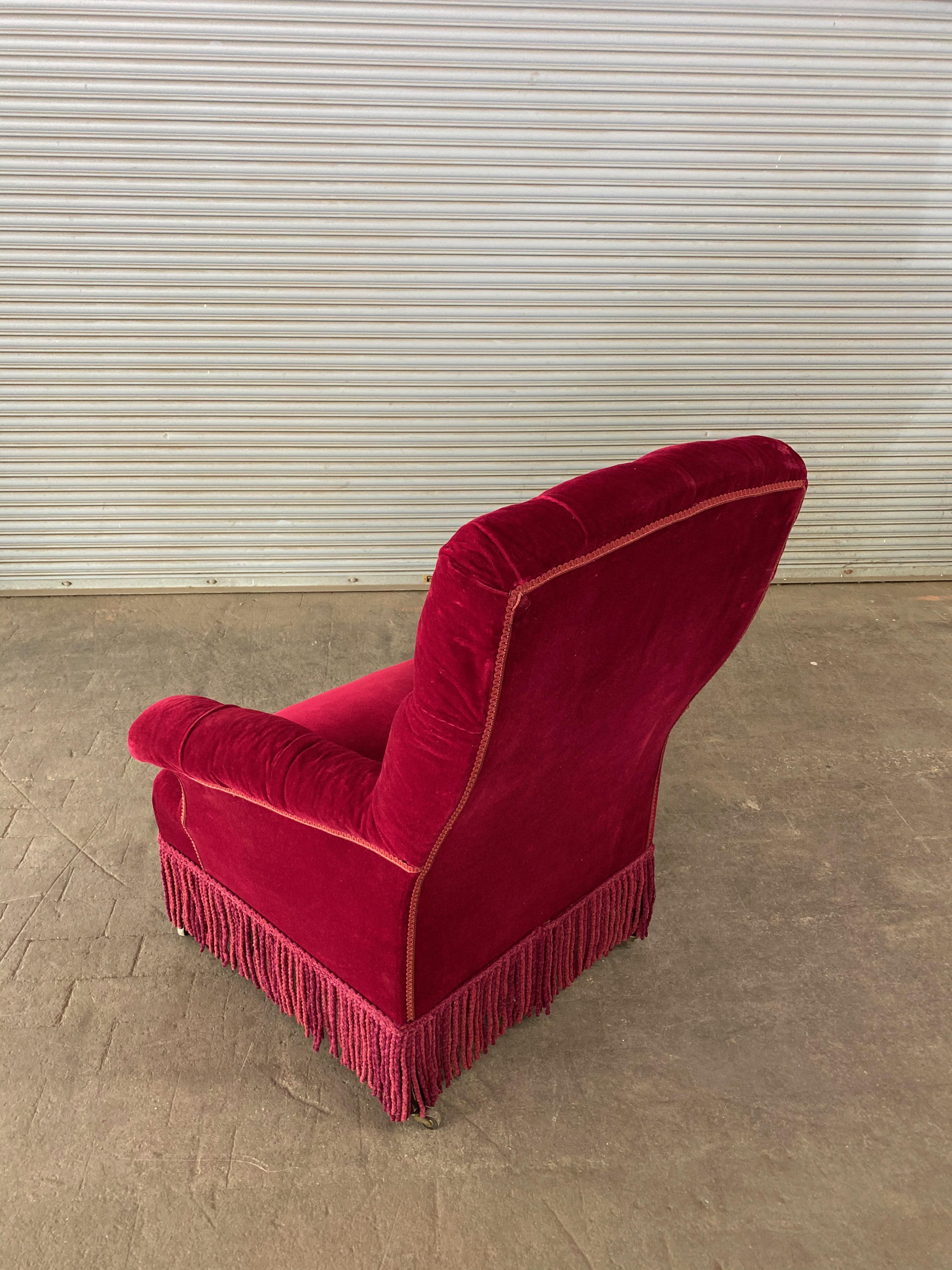 Pair of French Napoleon III Tufted Armchairs in Red Velvet 9