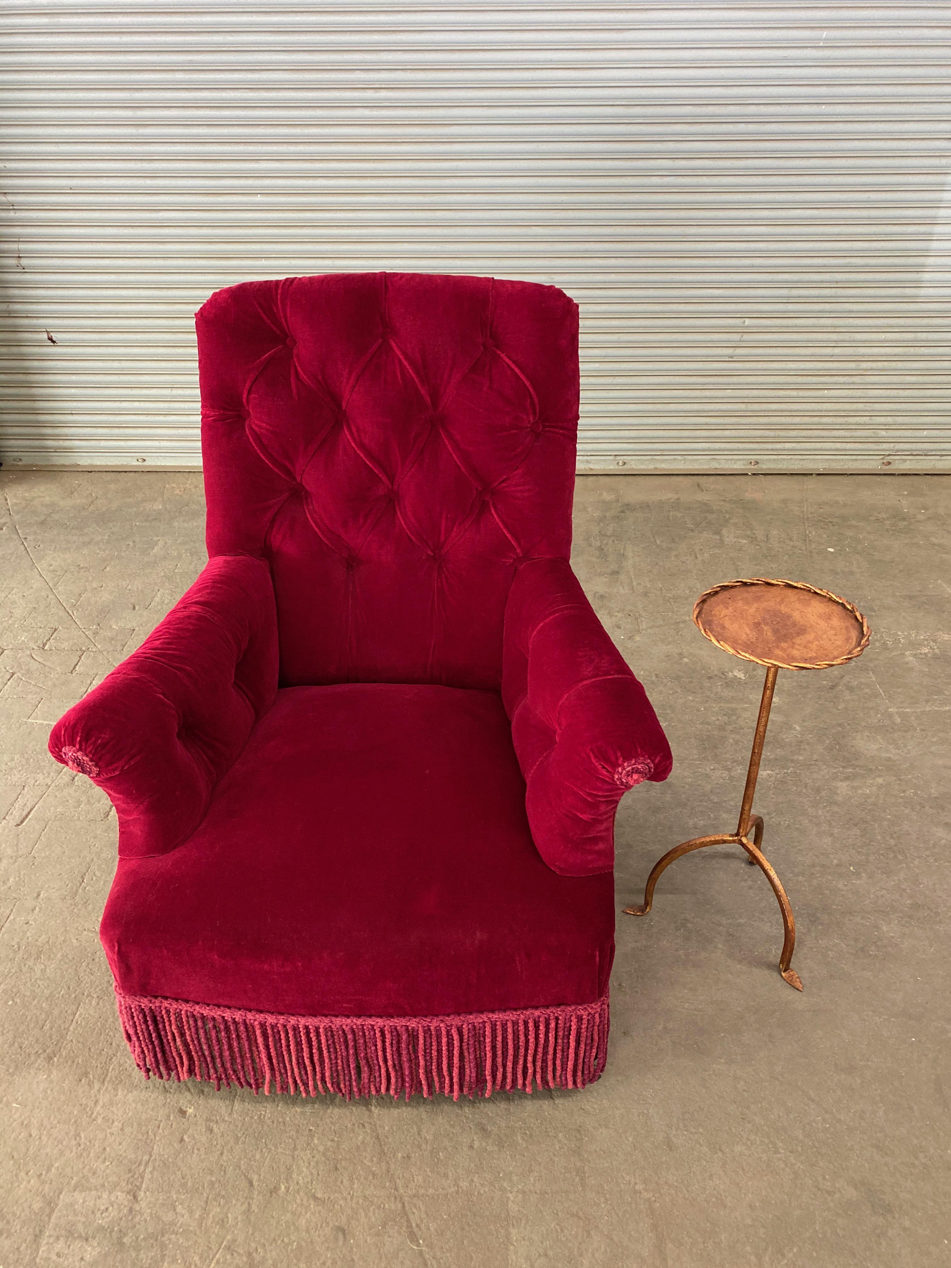 Pair of French Napoleon III Tufted Armchairs in Red Velvet 12