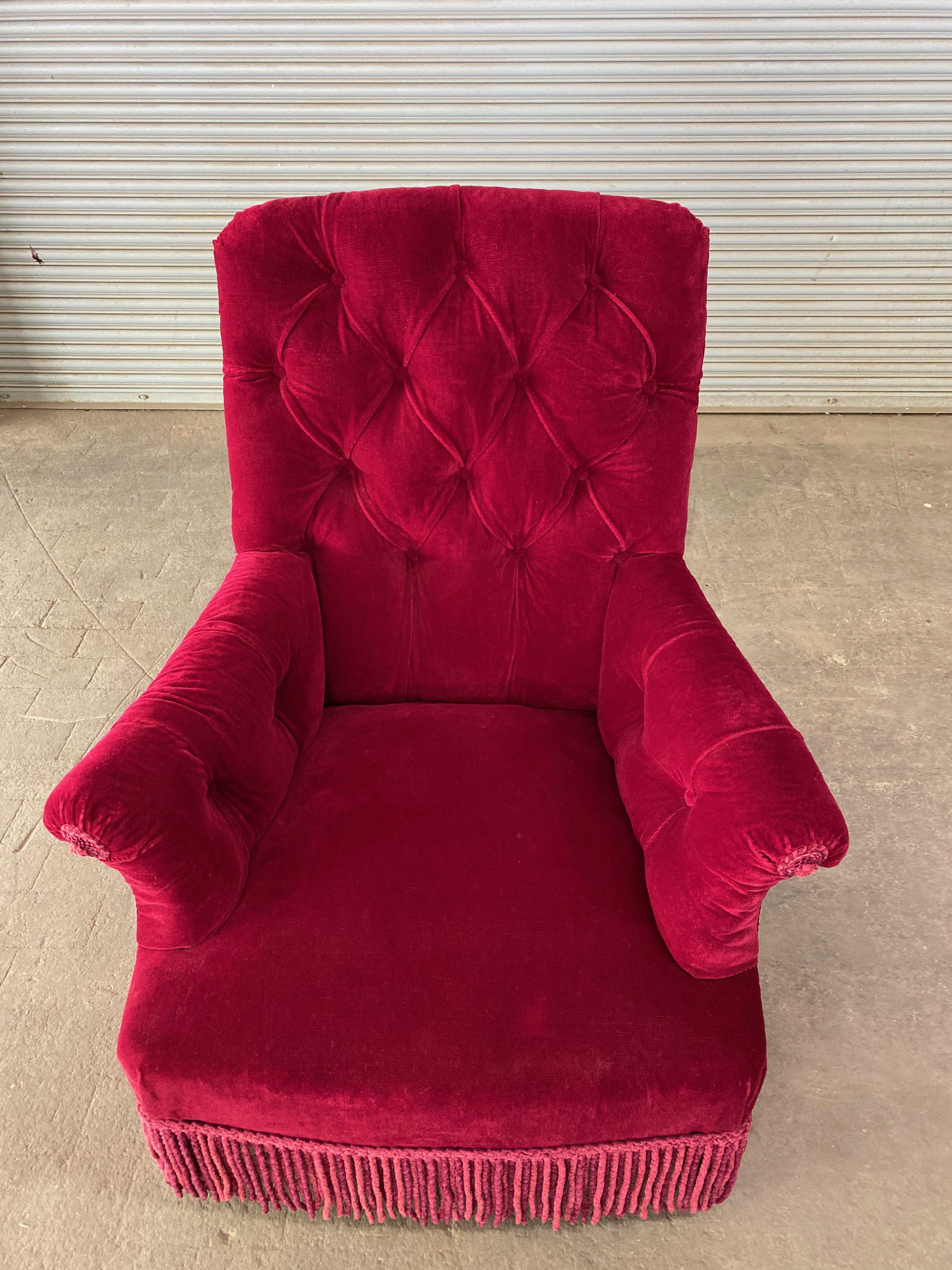 Fabric Pair of French Napoleon III Tufted Armchairs in Red Velvet