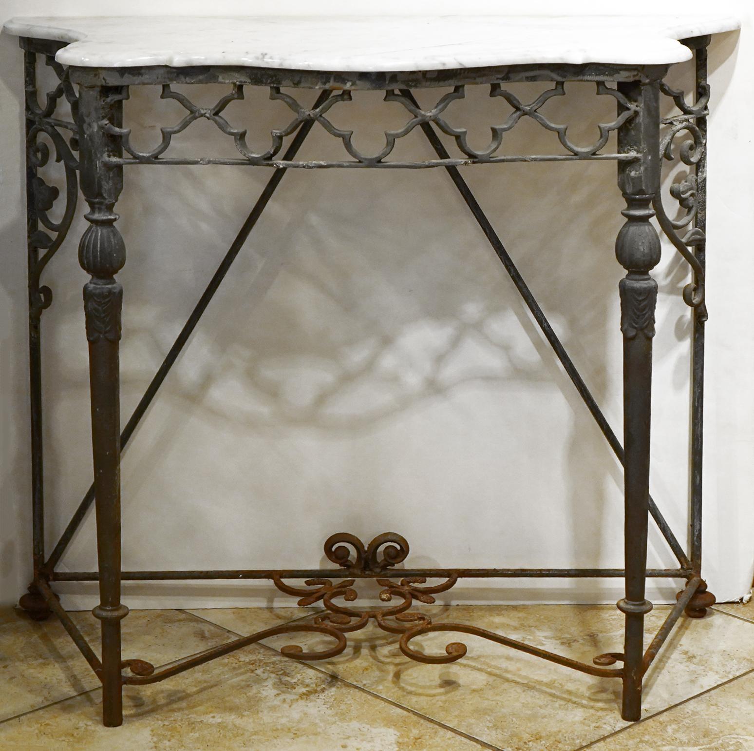 Pair of French Natural Wrought Iron Serpentine Shape Marble Top Console Tables 5