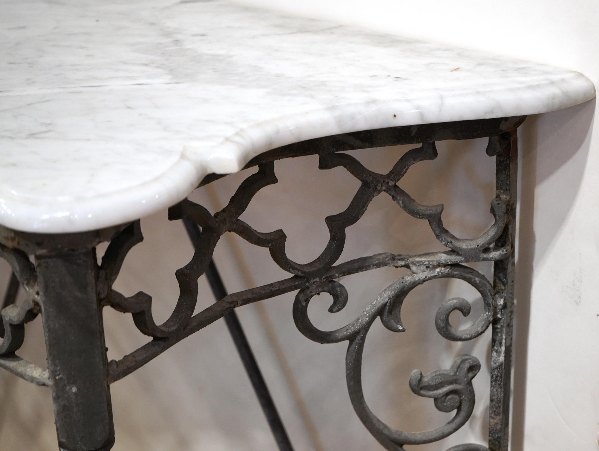 Pair of French Natural Wrought Iron Serpentine Shape Marble Top Console Tables 3