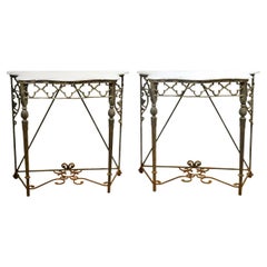 Pair of French Natural Wrought Iron Serpentine Shape Marble Top Console Tables