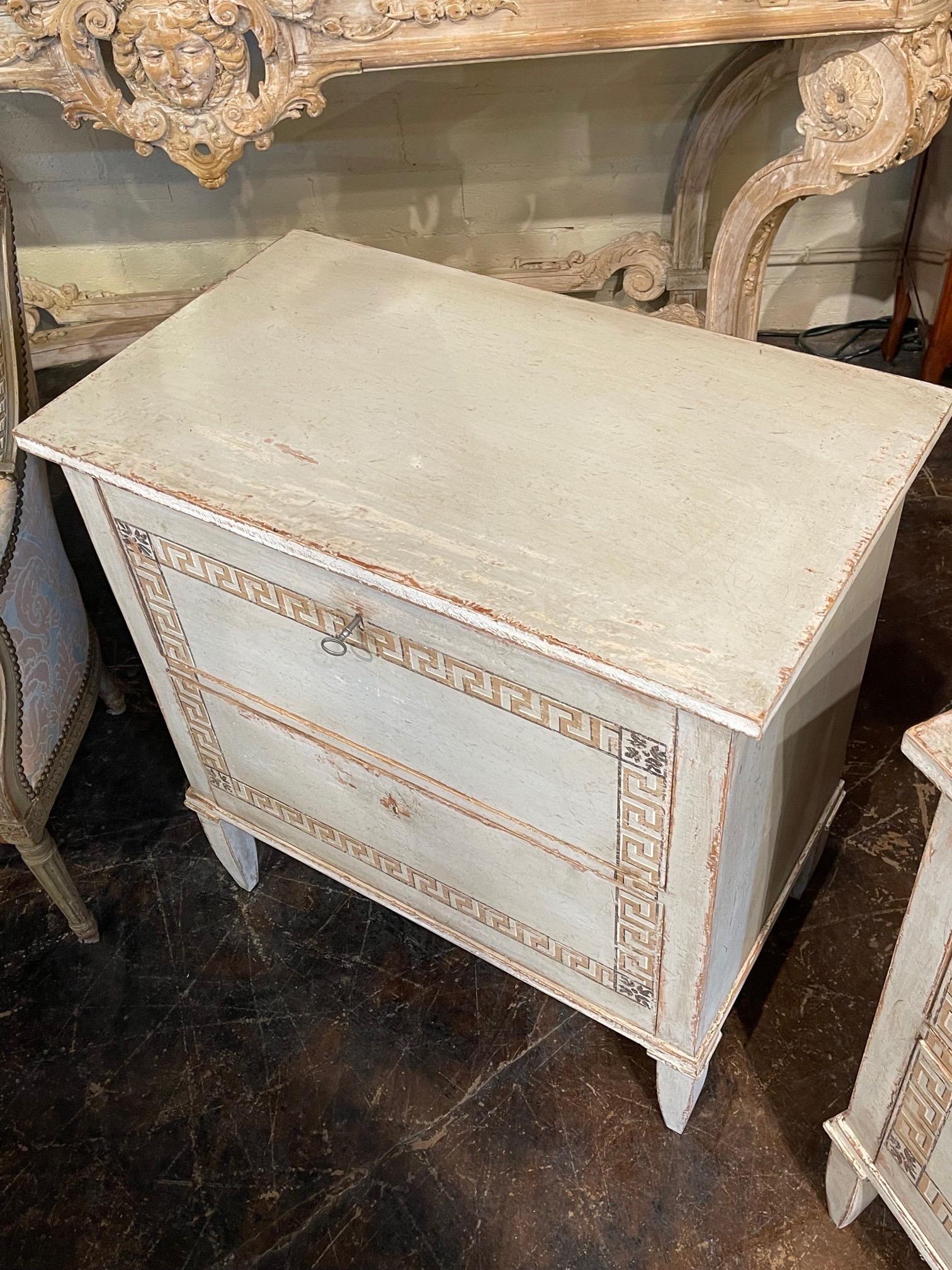 Hand-Painted Pair of French Neo-Classical Bed Side Chests with Greek Key Design