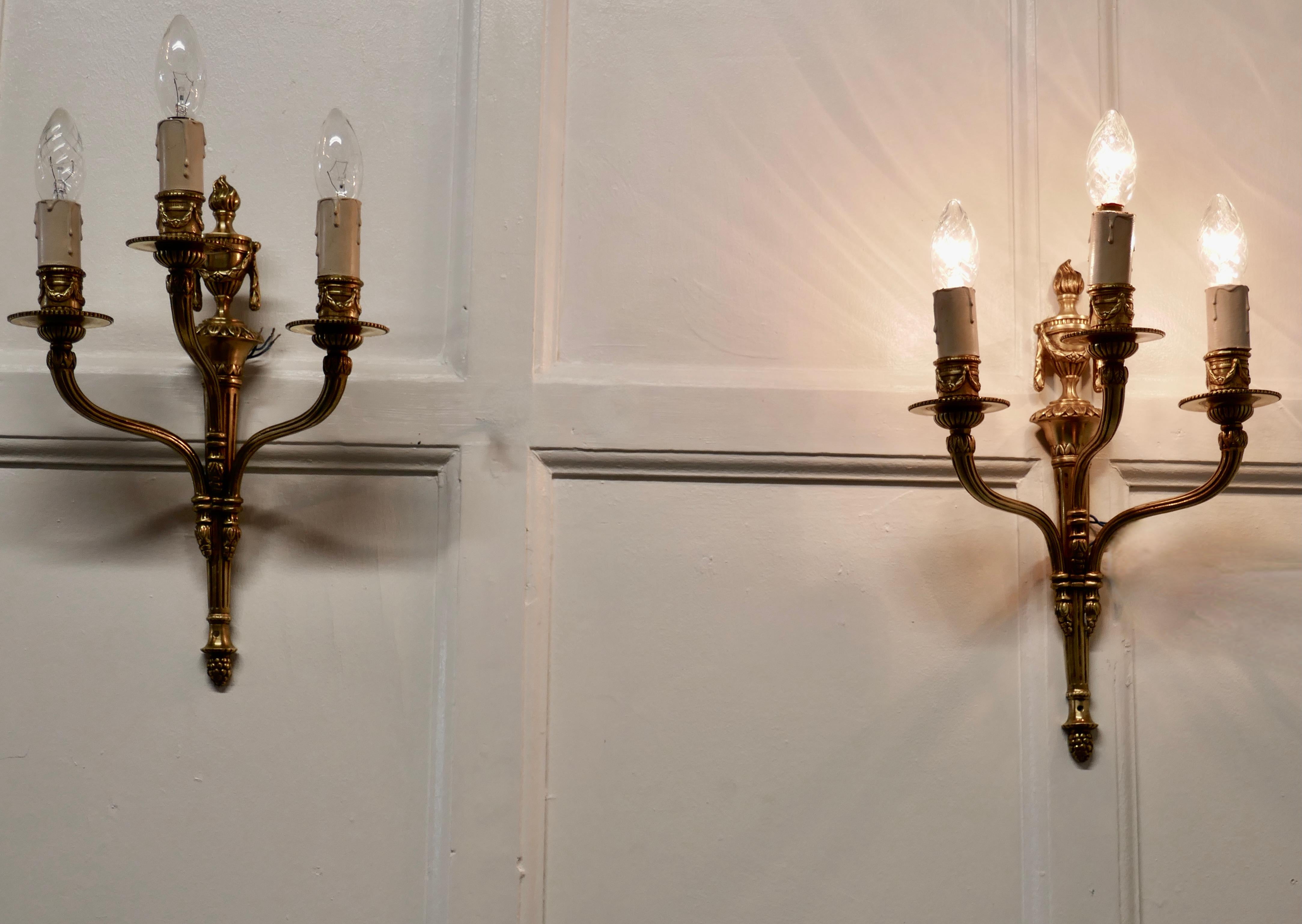 French Provincial Pair of French Neoclassical Brass Triple Wall Lights For Sale