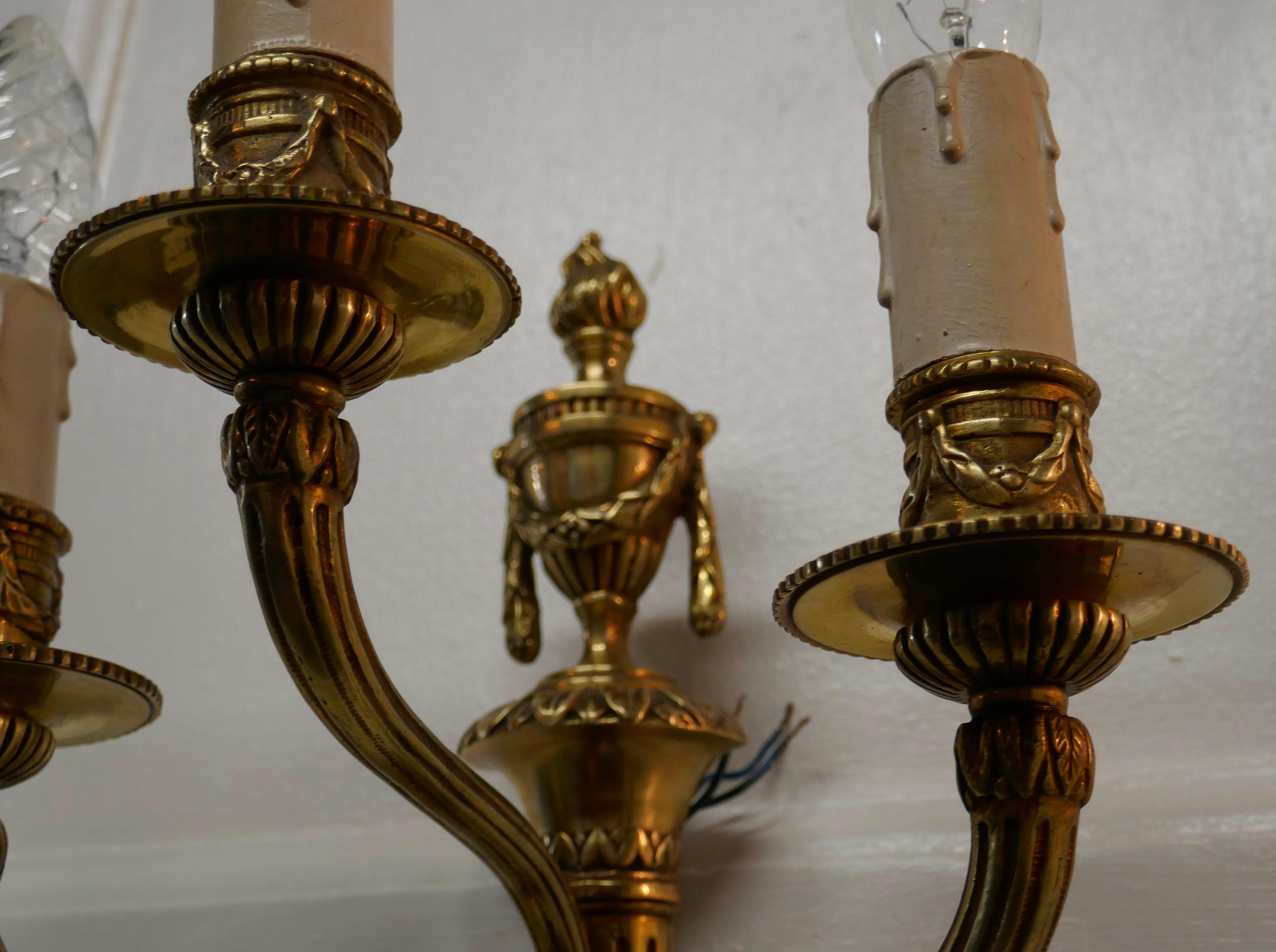20th Century Pair of French Neoclassical Brass Triple Wall Lights For Sale