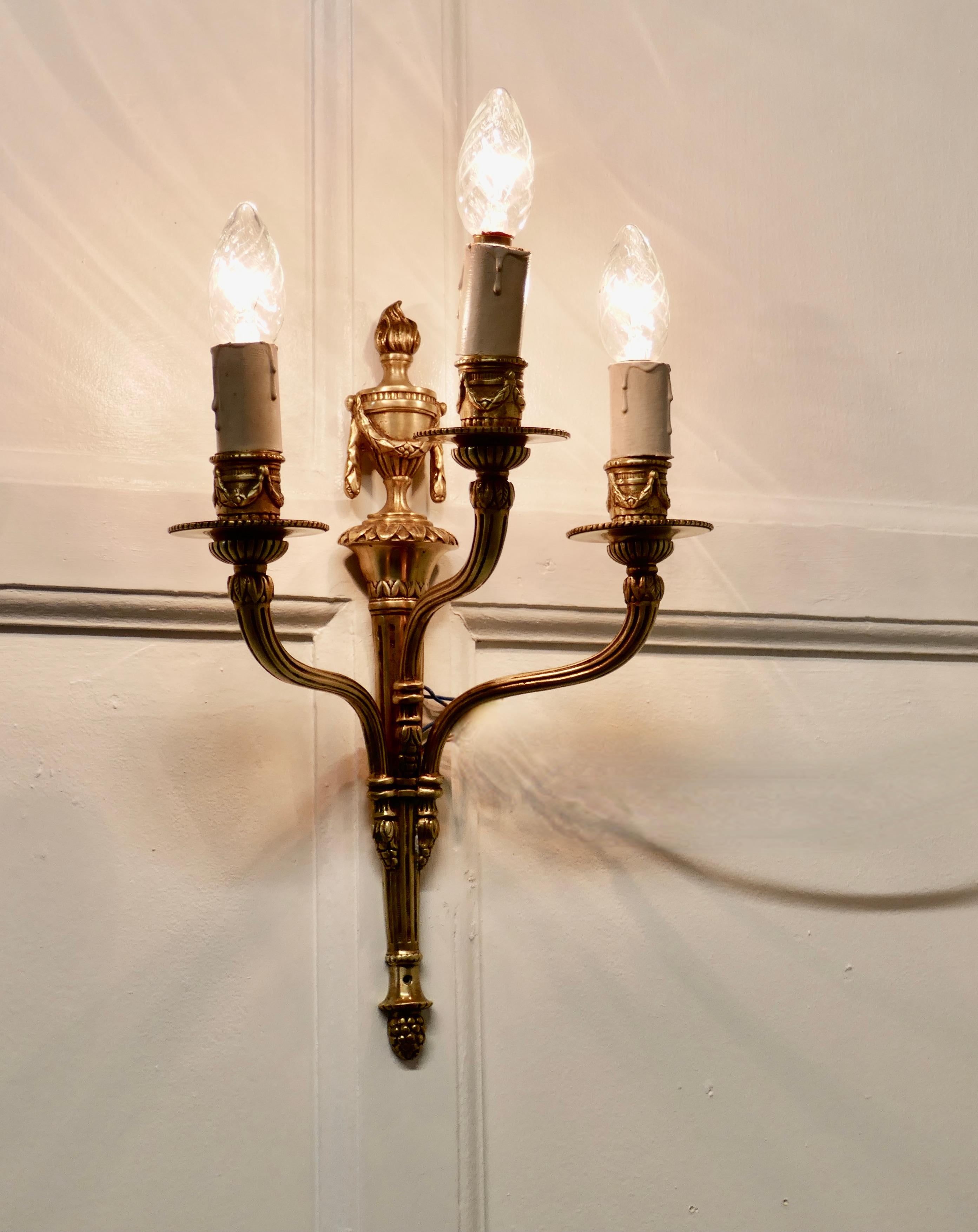 Pair of French Neoclassical Brass Triple Wall Lights For Sale 2
