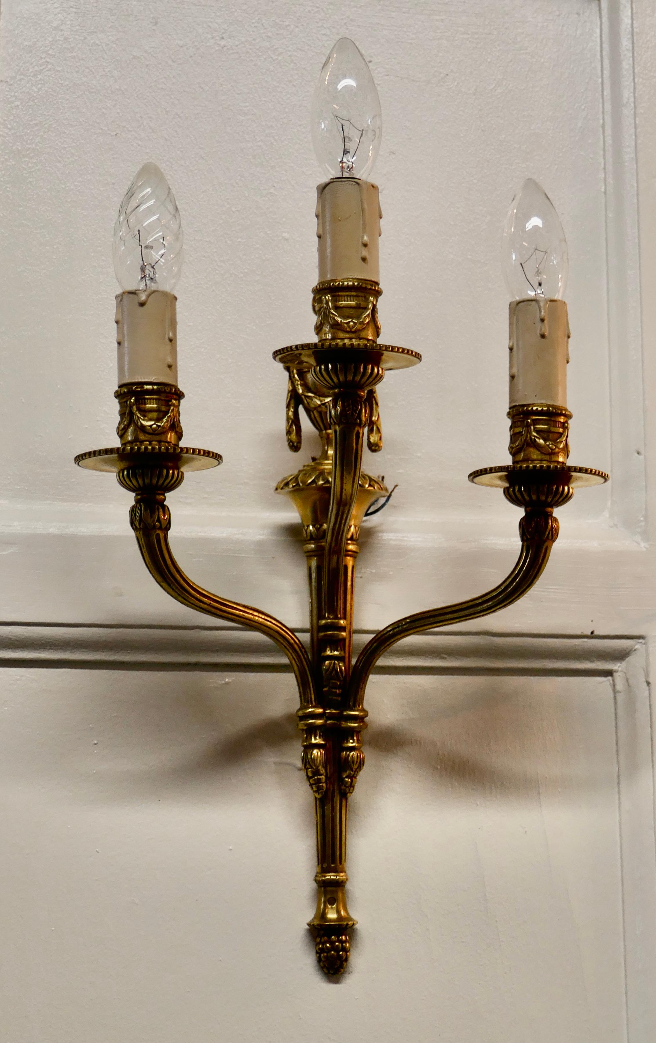 Pair of French Neoclassical Brass Triple Wall Lights For Sale 3