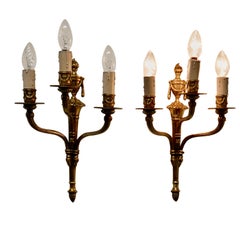 Antique Pair of French Neoclassical Brass Triple Wall Lights
