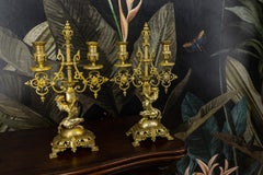 Pair of French Neo-Gothic Style Bronze Candelabras with Heraldic Lions, ca. 1920