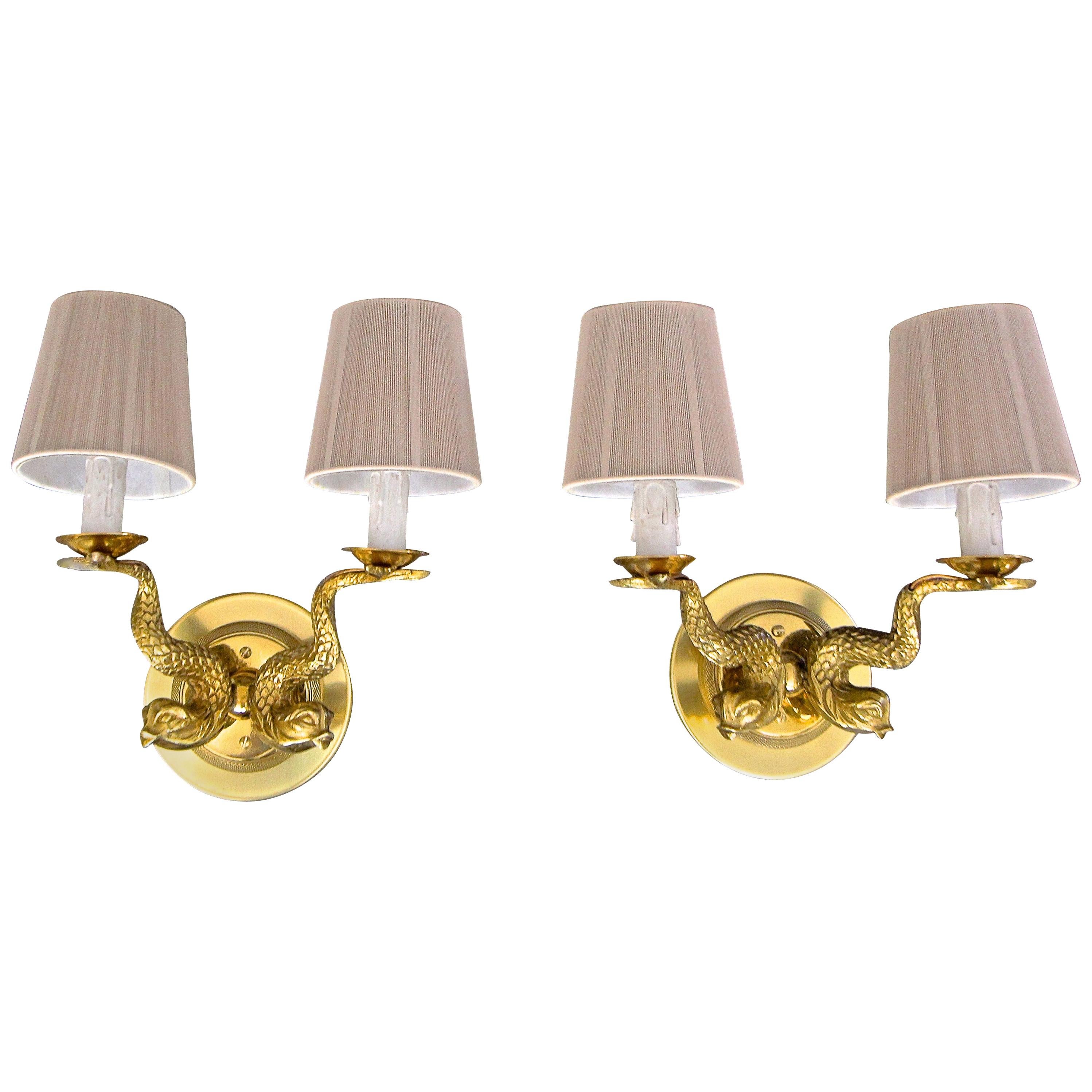 Pair of French Neoclassic Dolphin Brass Wall Sconces