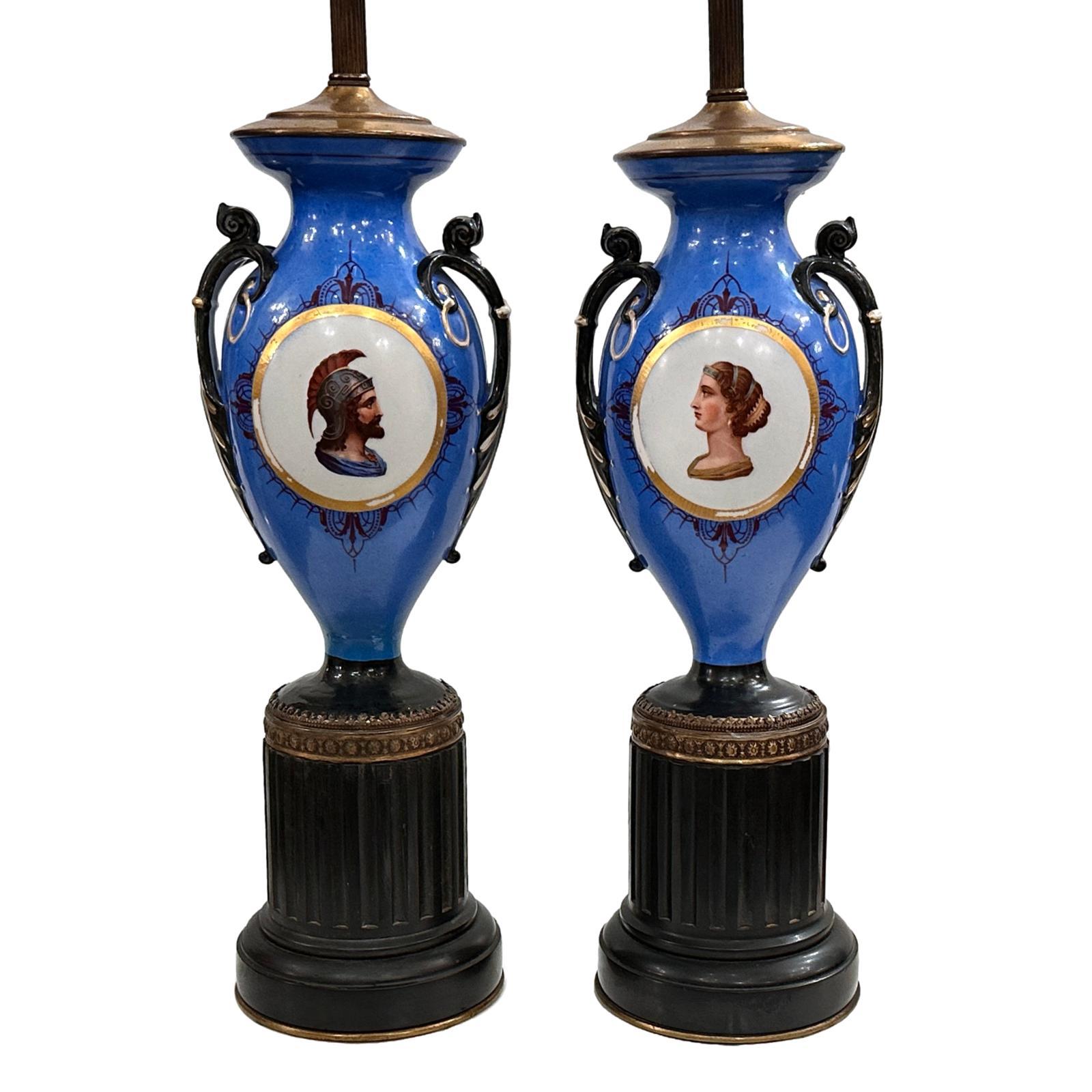 A circa 1920's pair of French vases mounted as lamps.

Measurements:
Height of body: 18