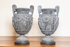 Pair of French Neoclassical 19th Century Baluster Urns with Low-Relief Décor