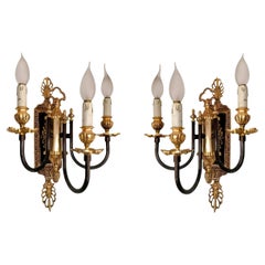 Pair of French Neoclassical 3-Arm Wall Sconces in Patinated and 24k Gilt Bronze