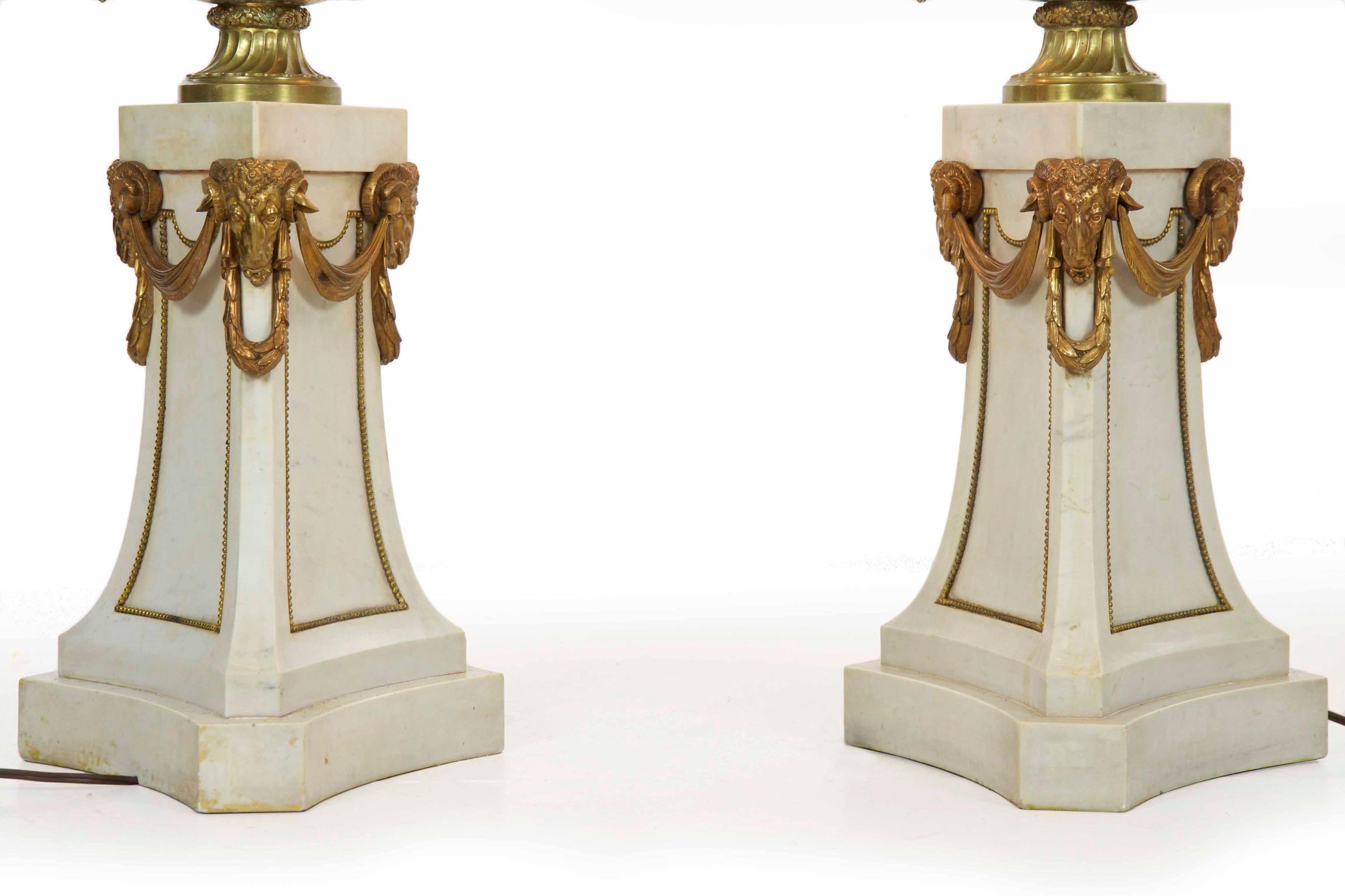 Belle Époque Pair of French Neoclassical Antique Marble Floor Candelabra Lamps, 20th Century