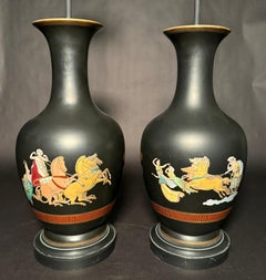 Pair of French Neoclassical Black-Ground Porcelain Lamps Attributed to Samson