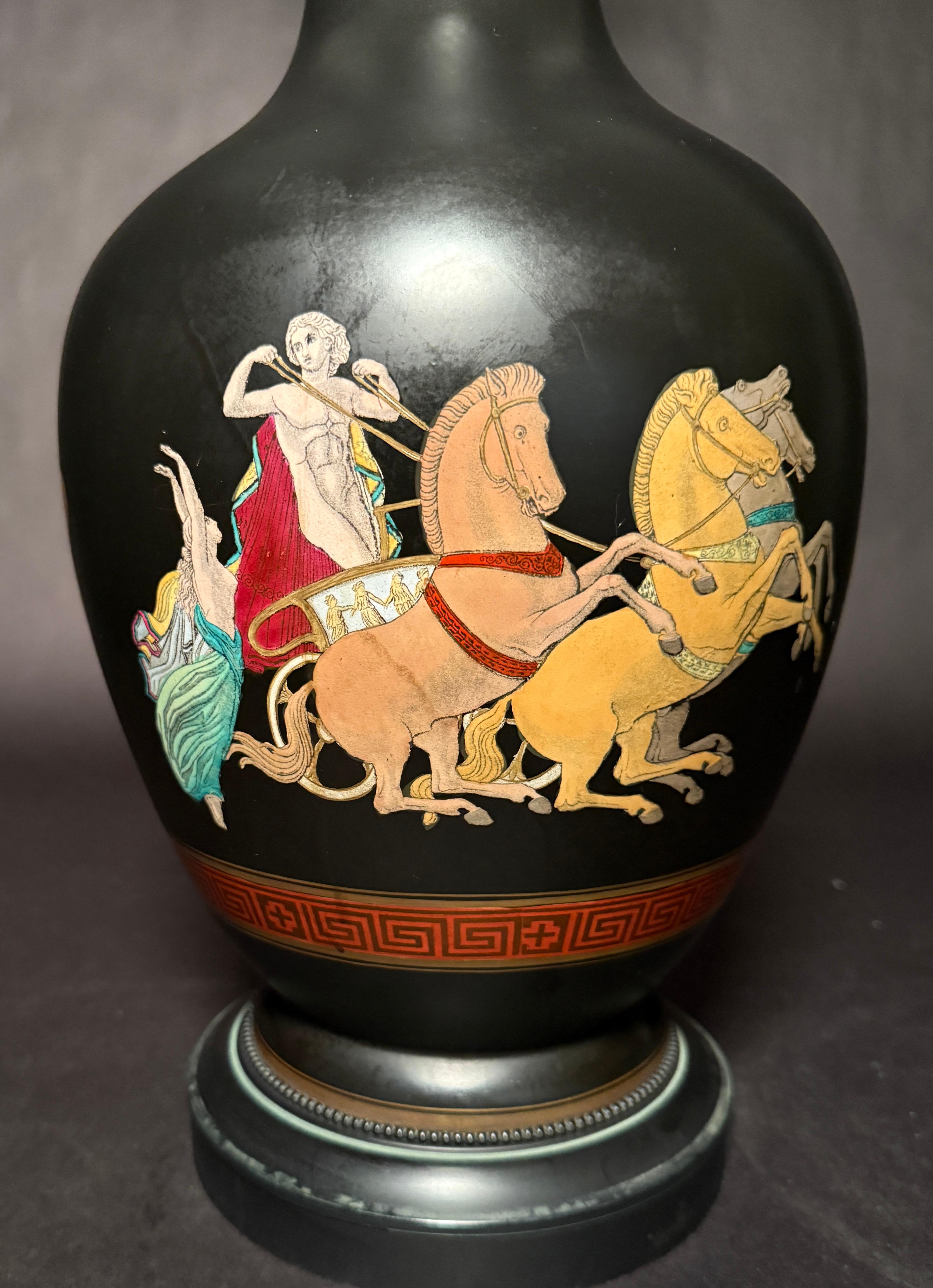 Pair of French Neoclassical Black-Ground Porcelain Lamps Attributed to Samson In Good Condition For Sale In Norwood, NJ