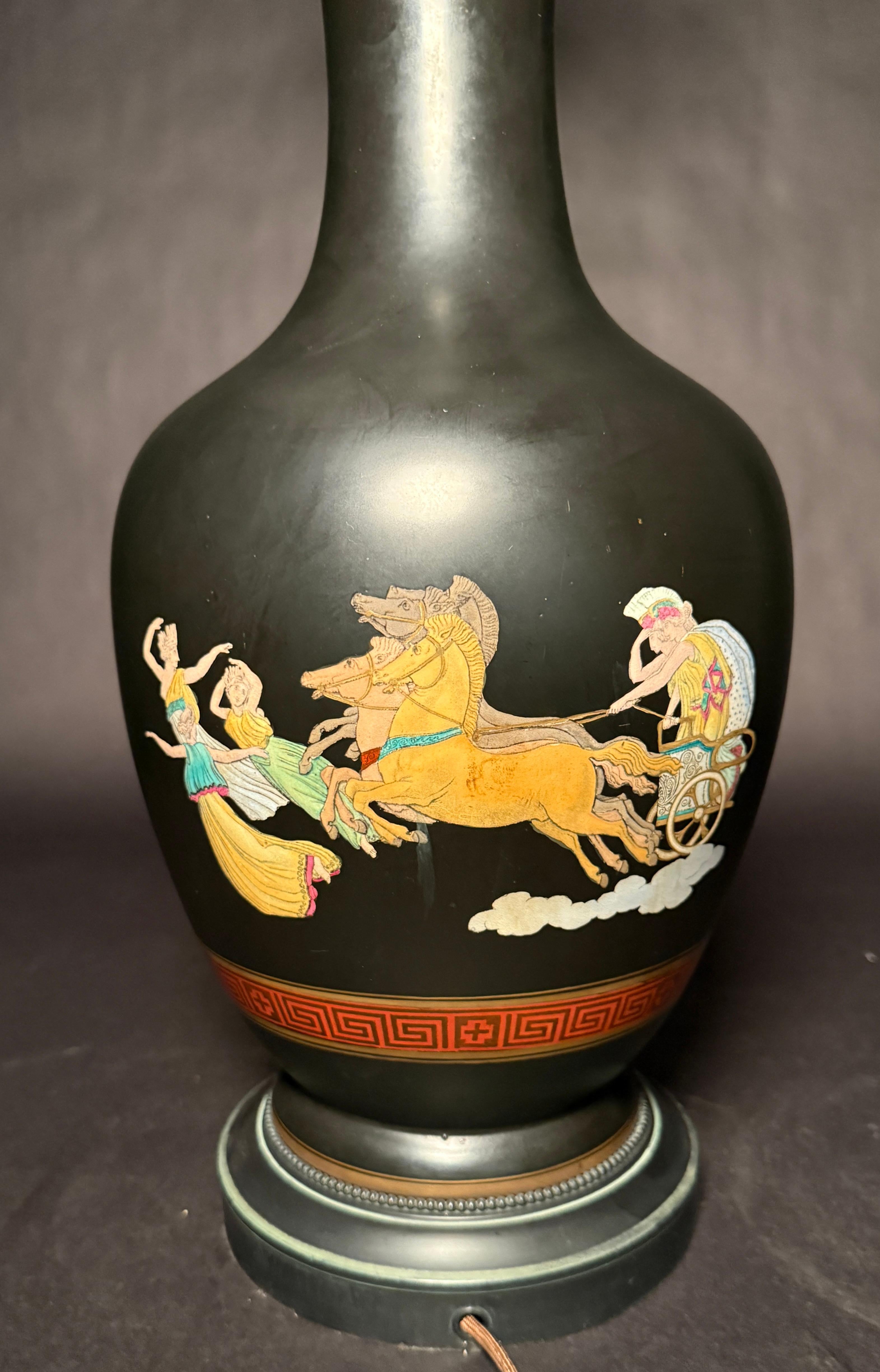 20th Century Pair of French Neoclassical Black-Ground Porcelain Lamps Attributed to Samson For Sale
