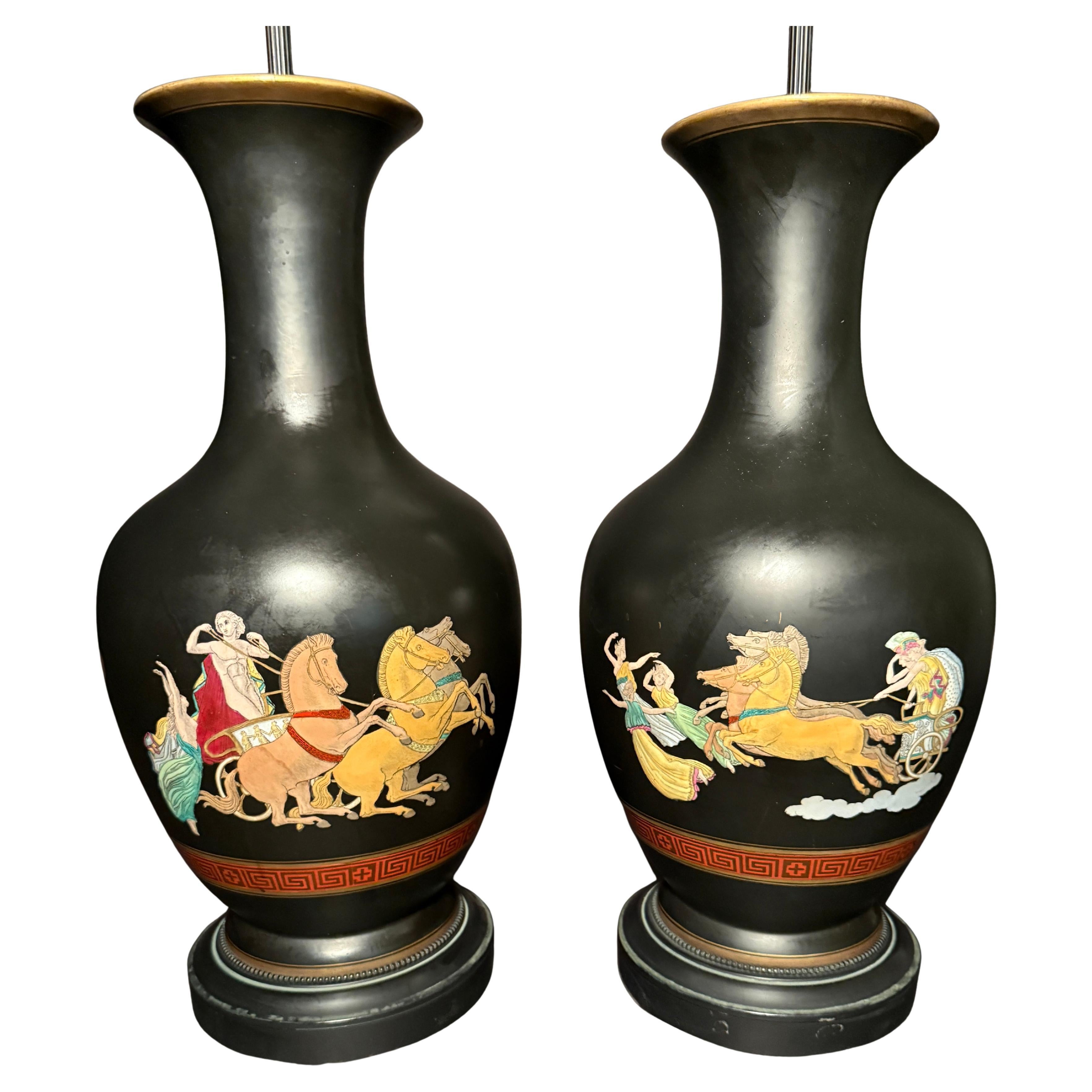 Pair of French Neoclassical Black-Ground Porcelain Lamps Attributed to Samson For Sale