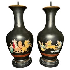 Pair of French Neoclassical Black-Ground Porcelain Lamps Attributed to Samson