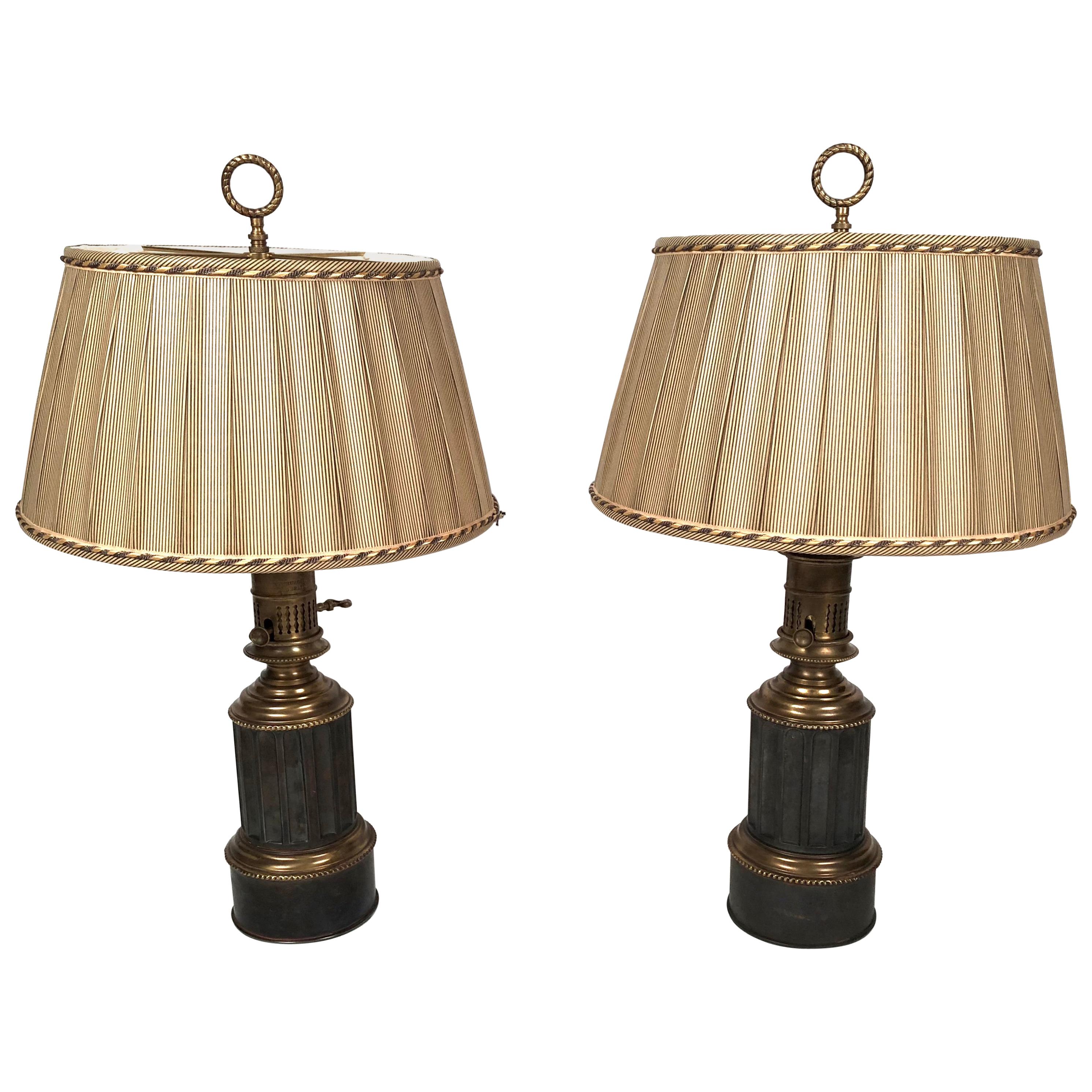 Pair of French Neoclassical Brass and Steel Lamps by Neuberger, Paris