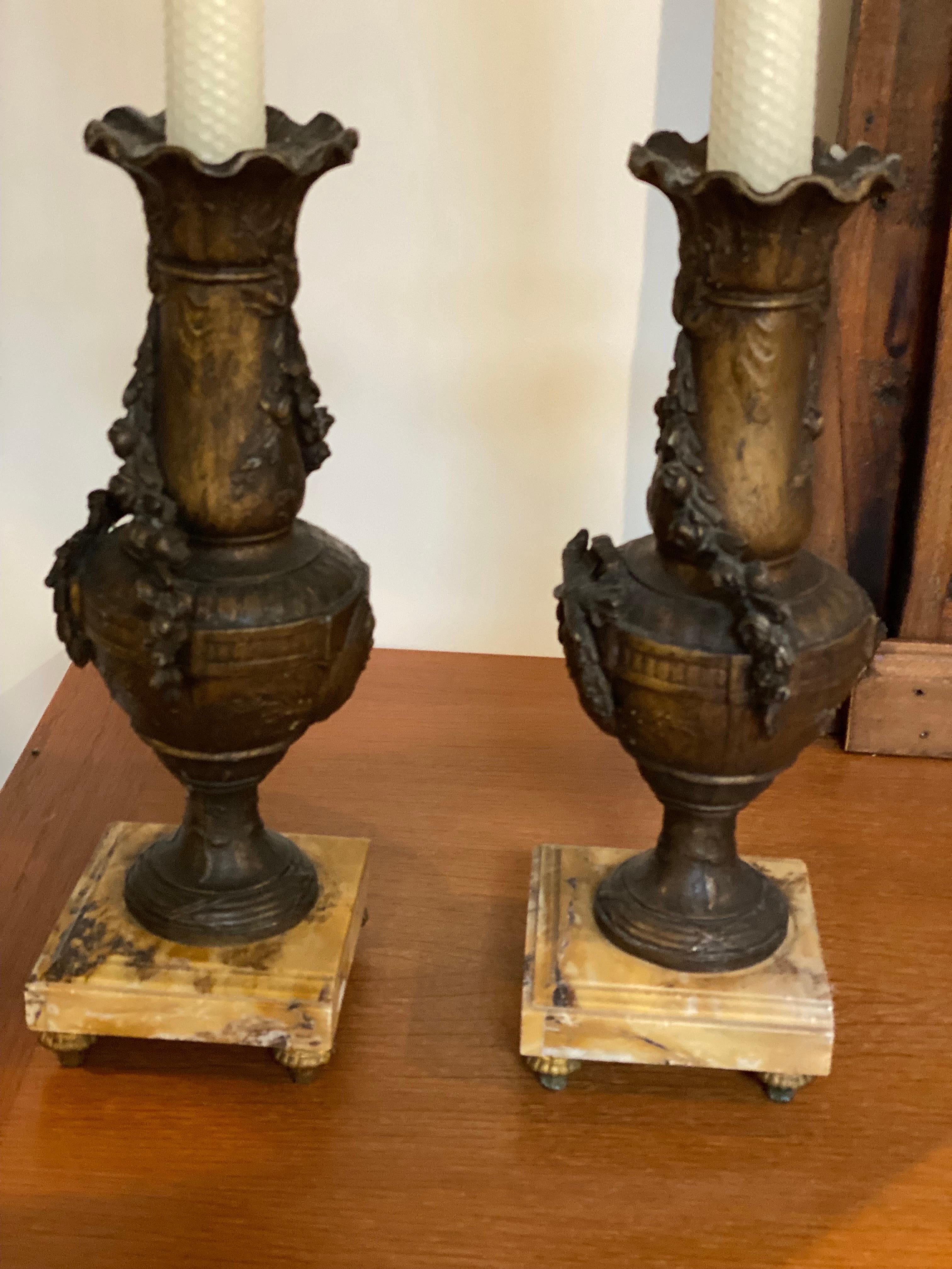 Pair of French Neoclassical Bronze Candlesticks with Marble Base For Sale 6
