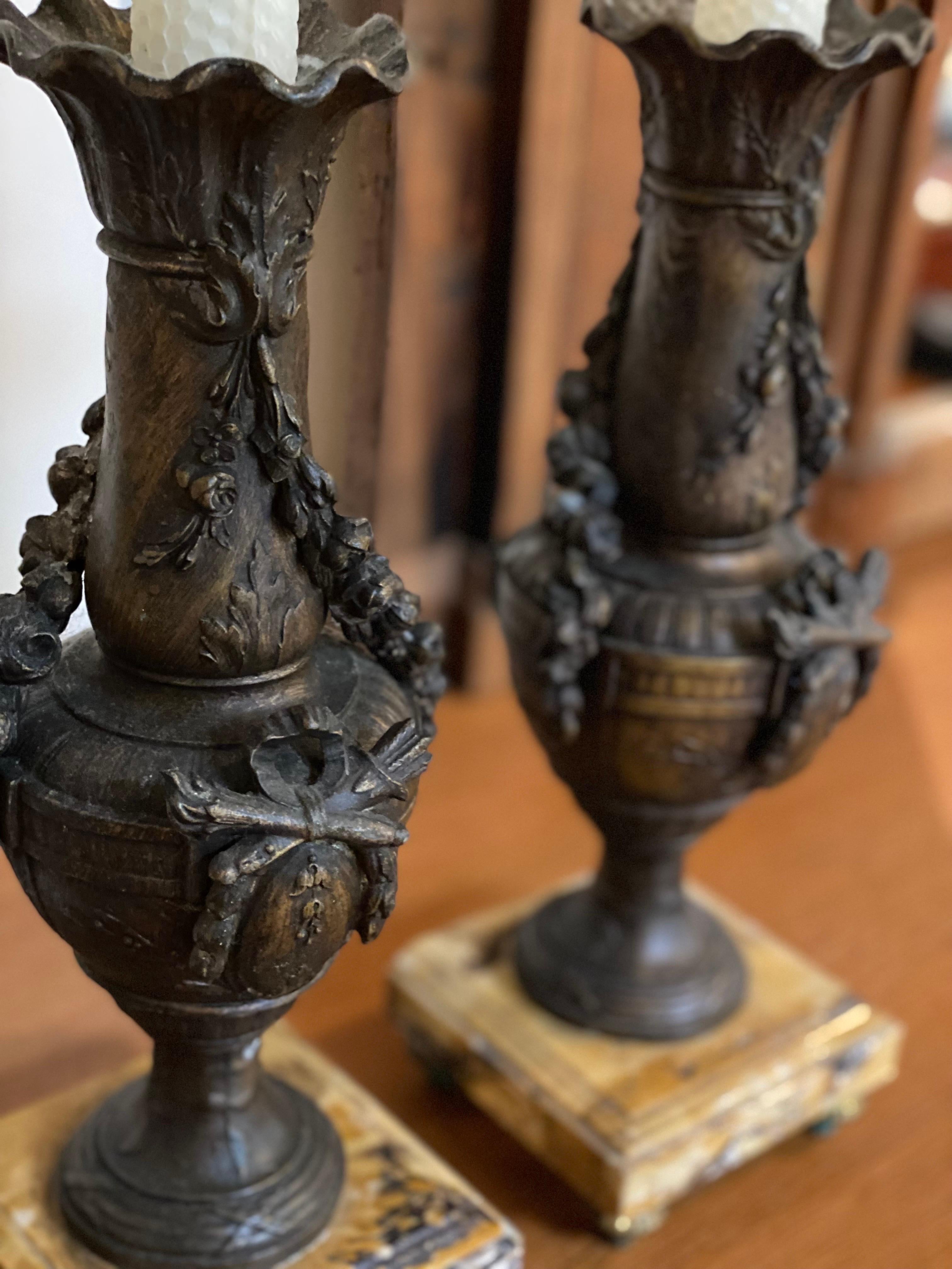 Pair of French Neoclassical Bronze Candlesticks with Marble Base For Sale 7